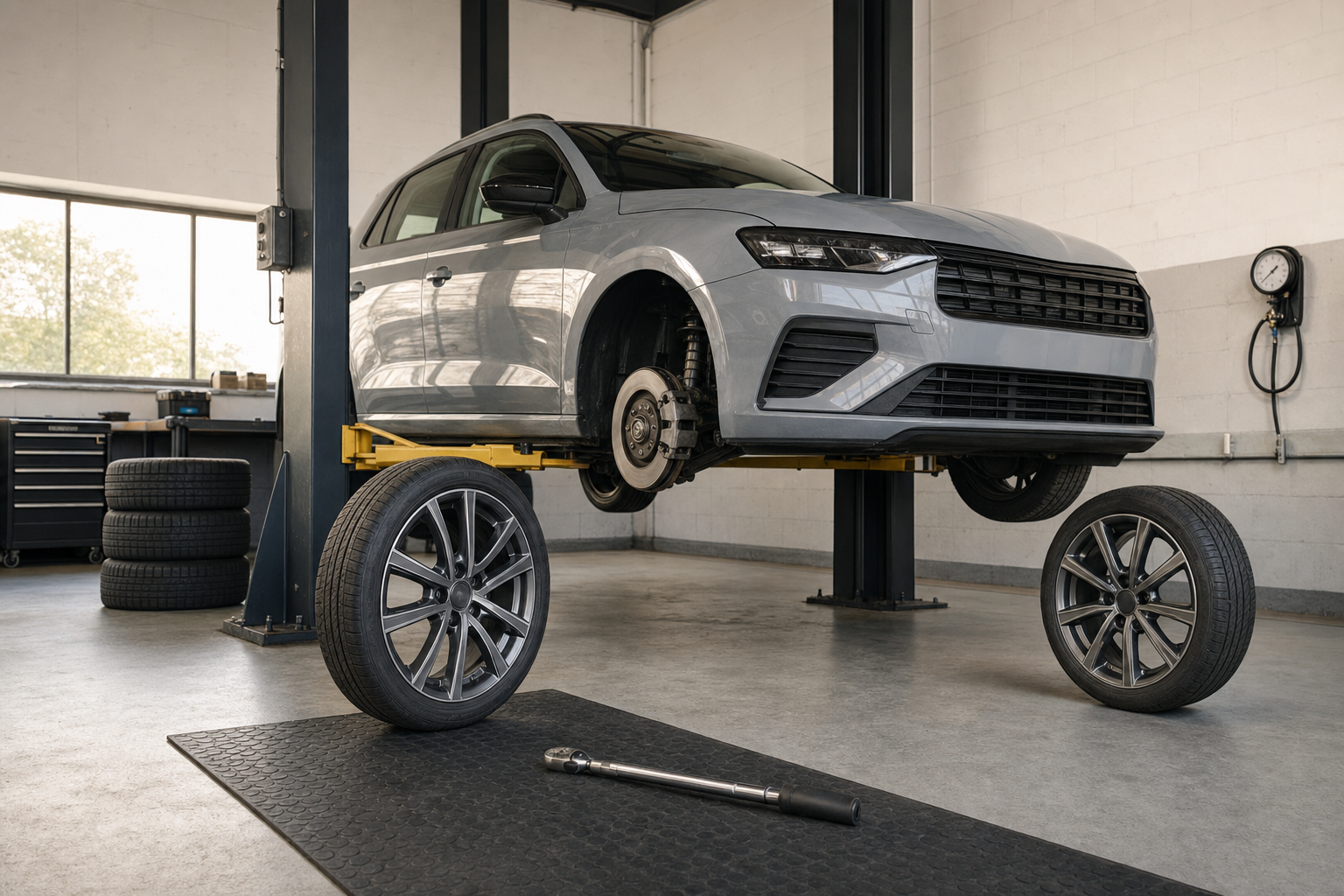 A grey car is lifted in a garage with its front wheels removed, and a torque wrench lies on the floor.