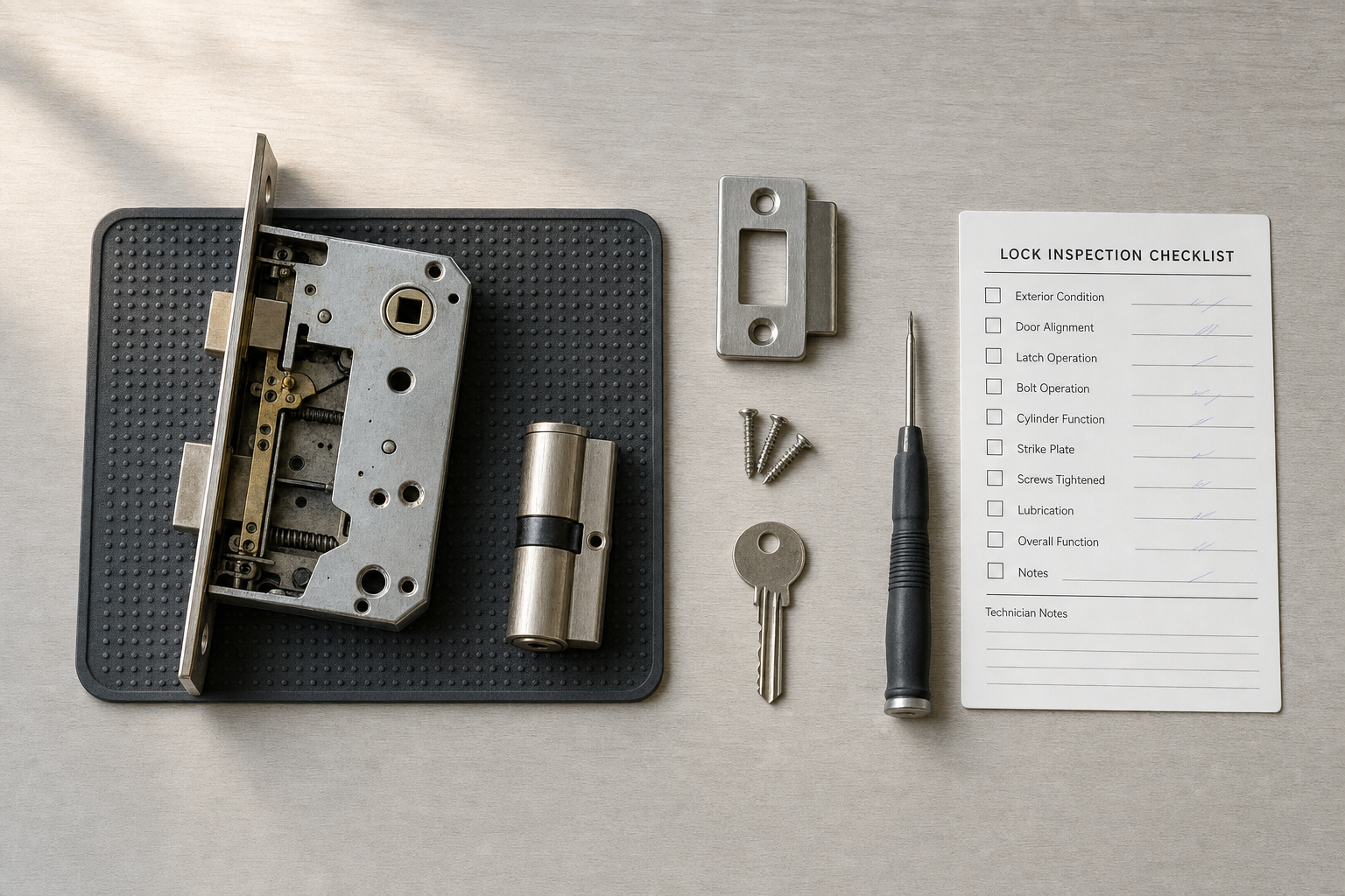 Lock components, a key, screwdriver, screws, and an inspection checklist neatly arranged on a surface.
