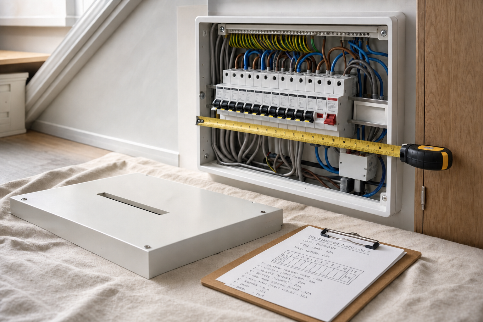An open electrical distribution board with a measuring tape and layout notes on a clipboard.