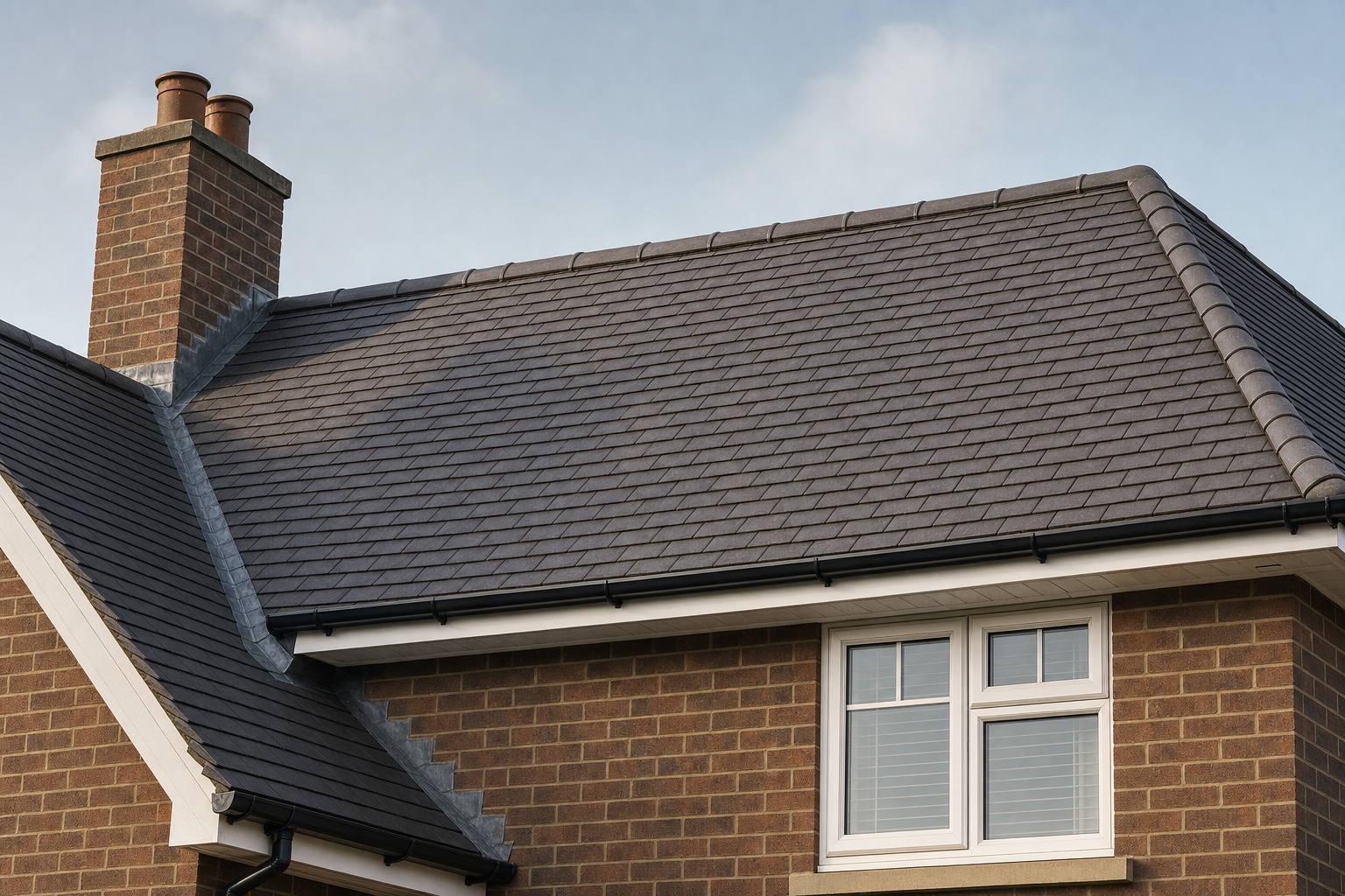 A modern brick house with a grey tiled roof and two chimneys under a clear sky.