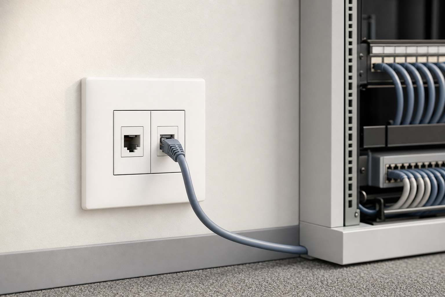 Ethernet cable connected to a network socket, leading to a server rack with organised wires.