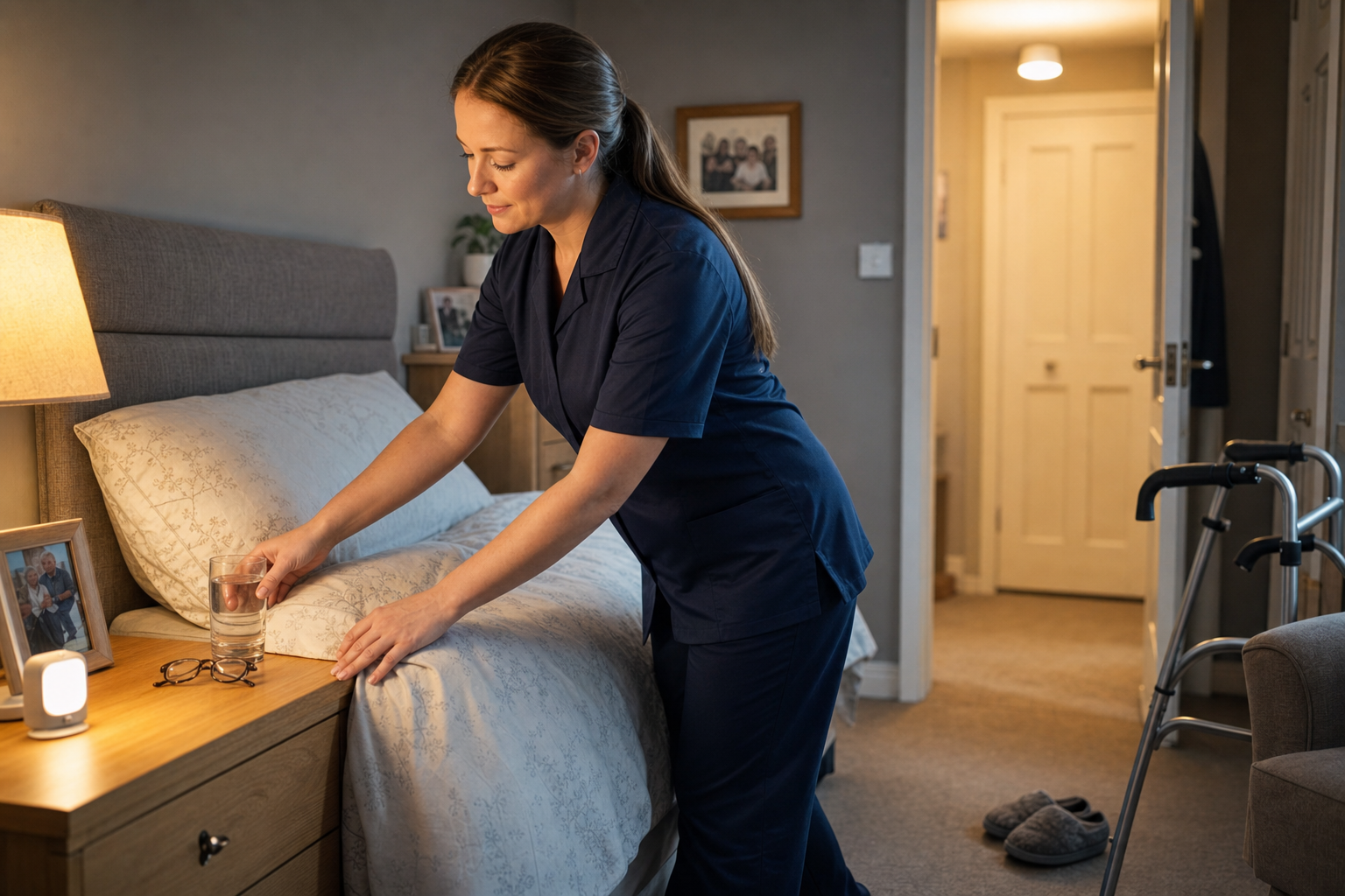 Caregiver in a blue uniform placing a glass of water on a bedside table in a cosy bedroom setting.