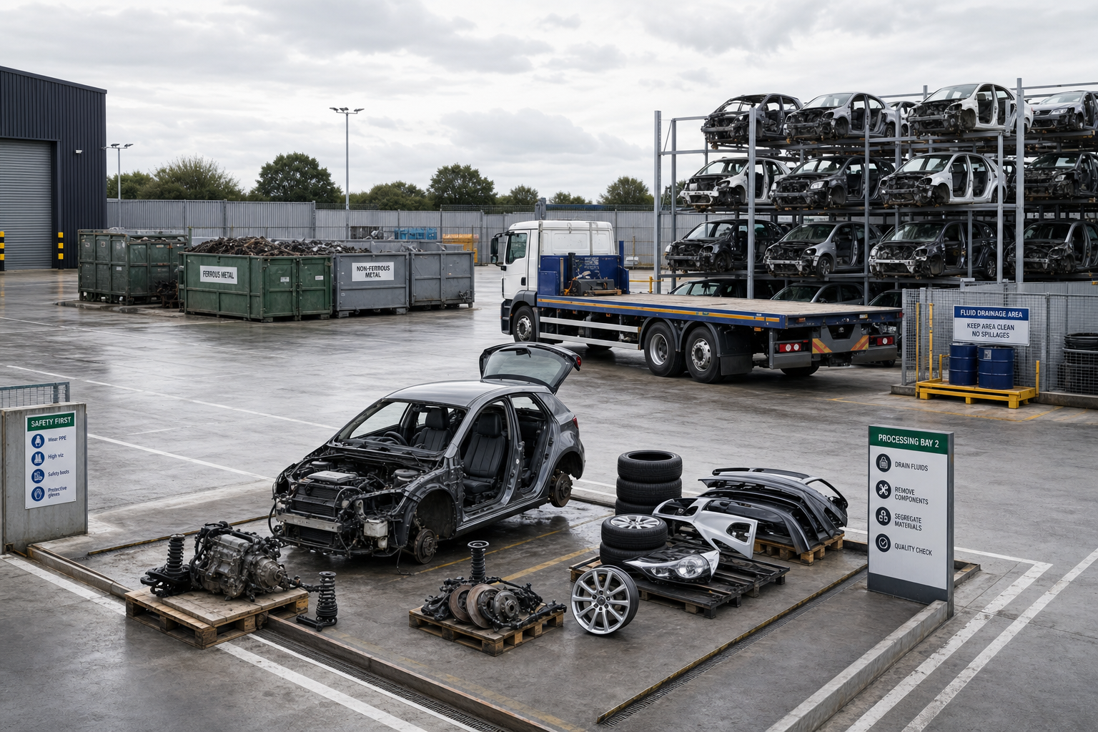 A vehicle recycling facility with a disassembled car and stacked car shells on a truck under a cloudy sky.