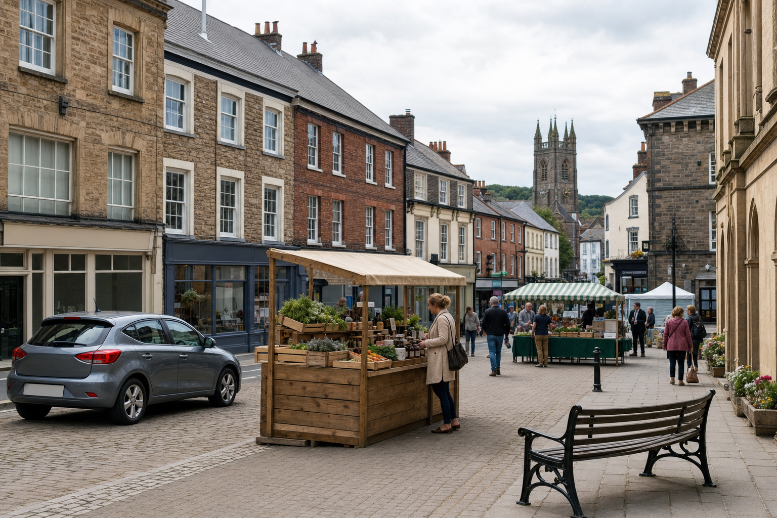 A woman browses a wooden street market stall in a quaint town square with historical buildings and a distant church tower.
