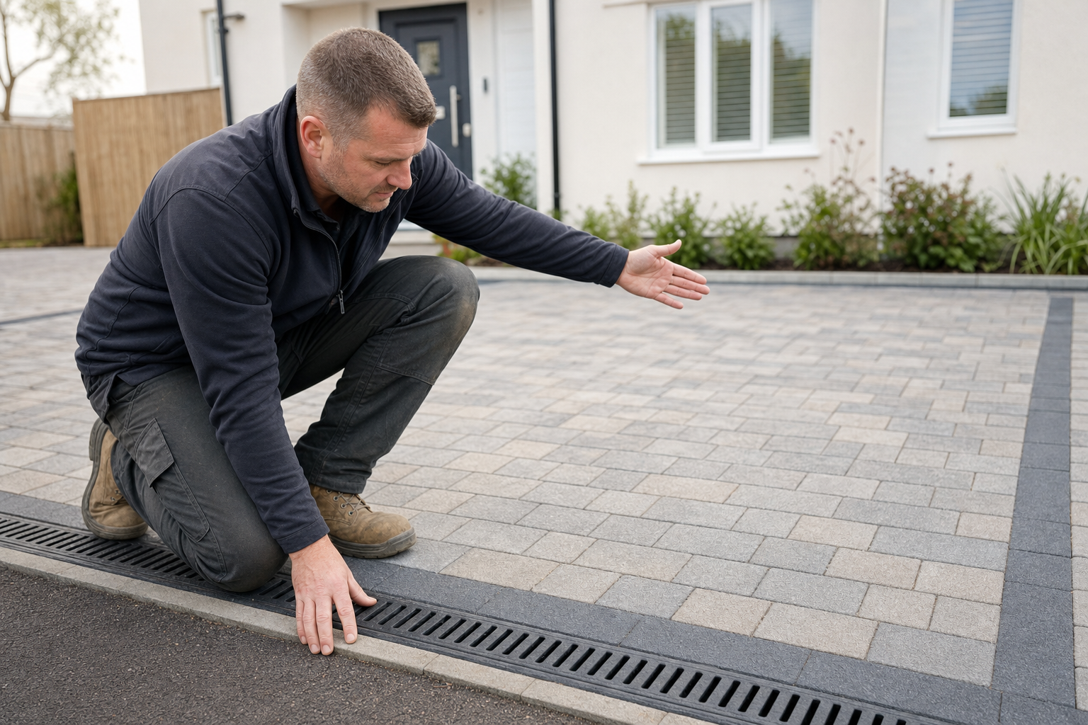 Man kneeling on a block-paved driveway, pointing at a drainage channel along the edge.
