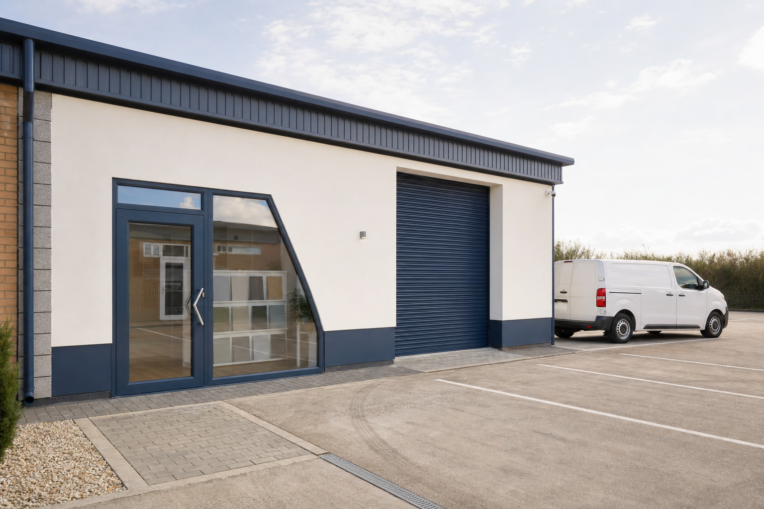Modern commercial building exterior with a glass entrance and a parked white van in an empty car park.
