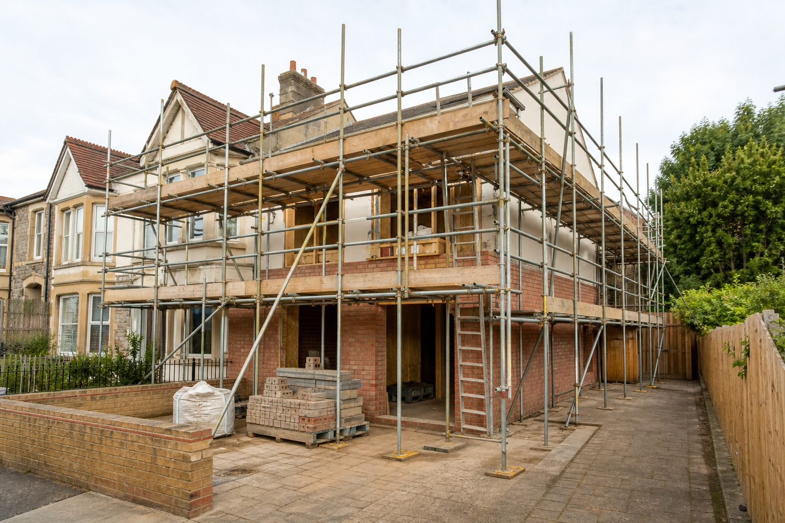 House under renovation with scaffolding and stacks of bricks in the front yard.