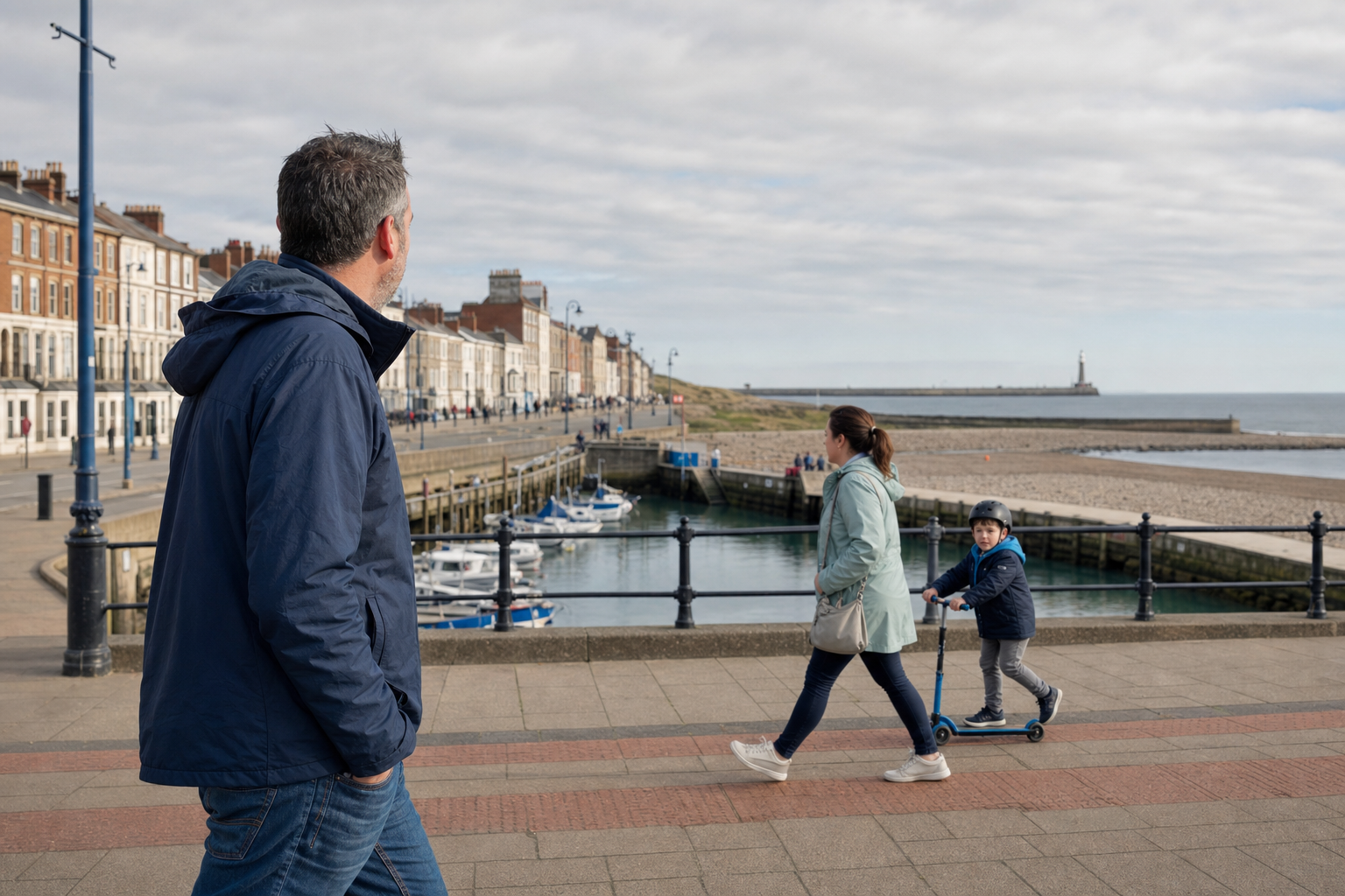 A man stands on a promenade watching a woman and child on a scooter by the seaside on a cloudy day.