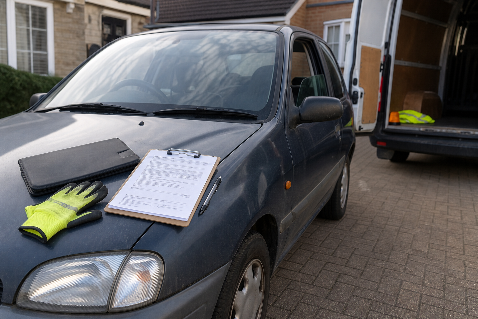 A black car with a clipboard, gloves, and tablet on the hood, parked next to an open van on a driveway.