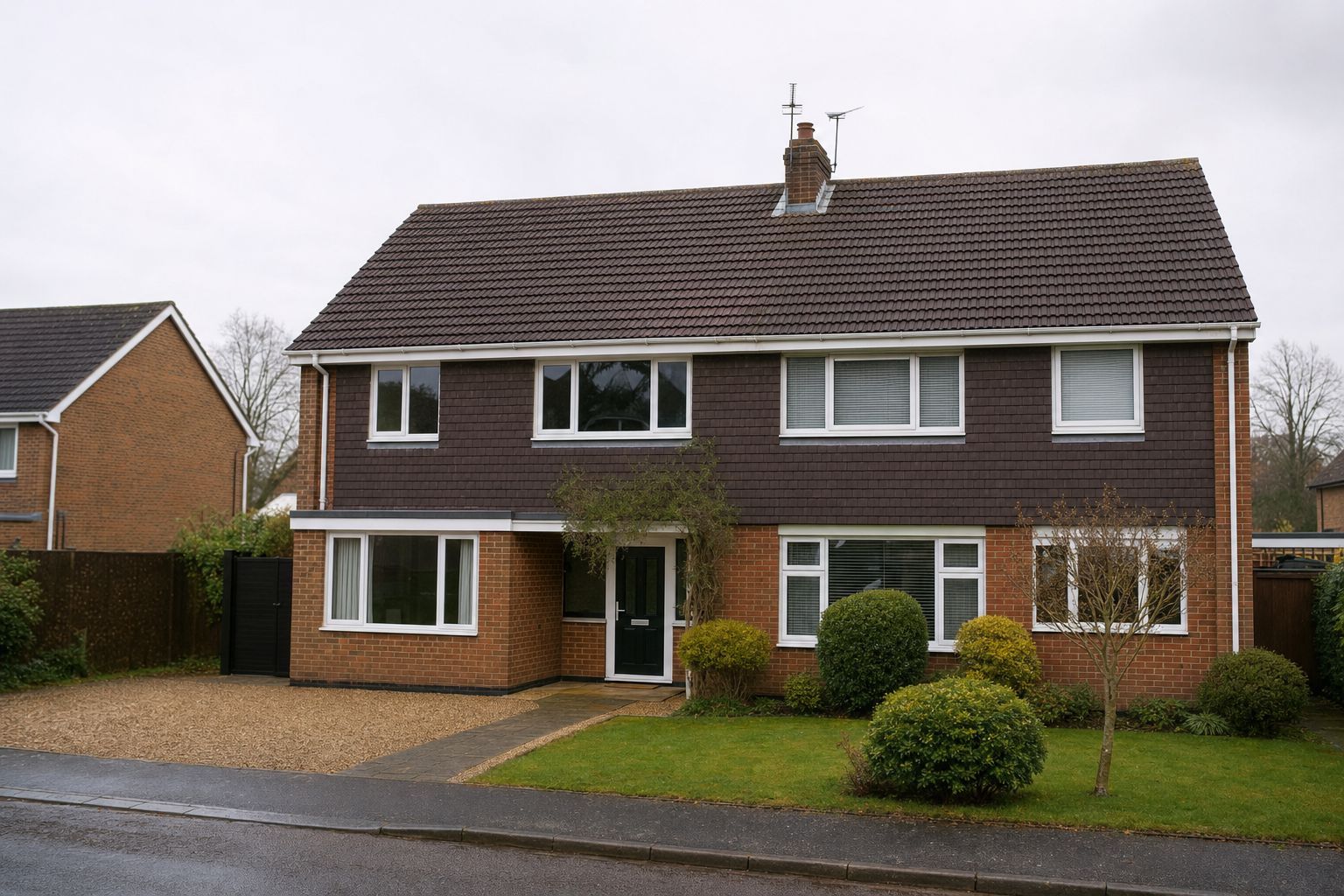 Two-storey suburban house with a brick and brown cladding exterior, small front garden, and driveway on an overcast day.