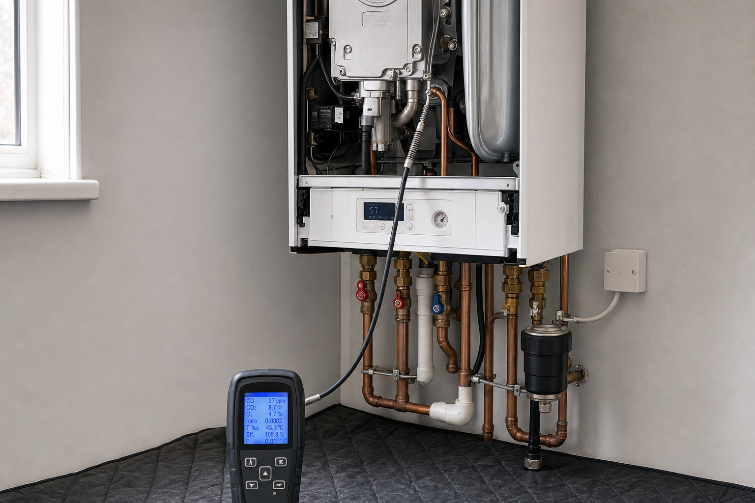 A gas boiler with exposed pipes is being tested using a handheld analyser with a digital display.