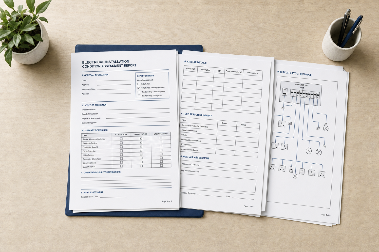 Electrical installation condition assessment report with detailed findings and circuit layout diagram on a table.
