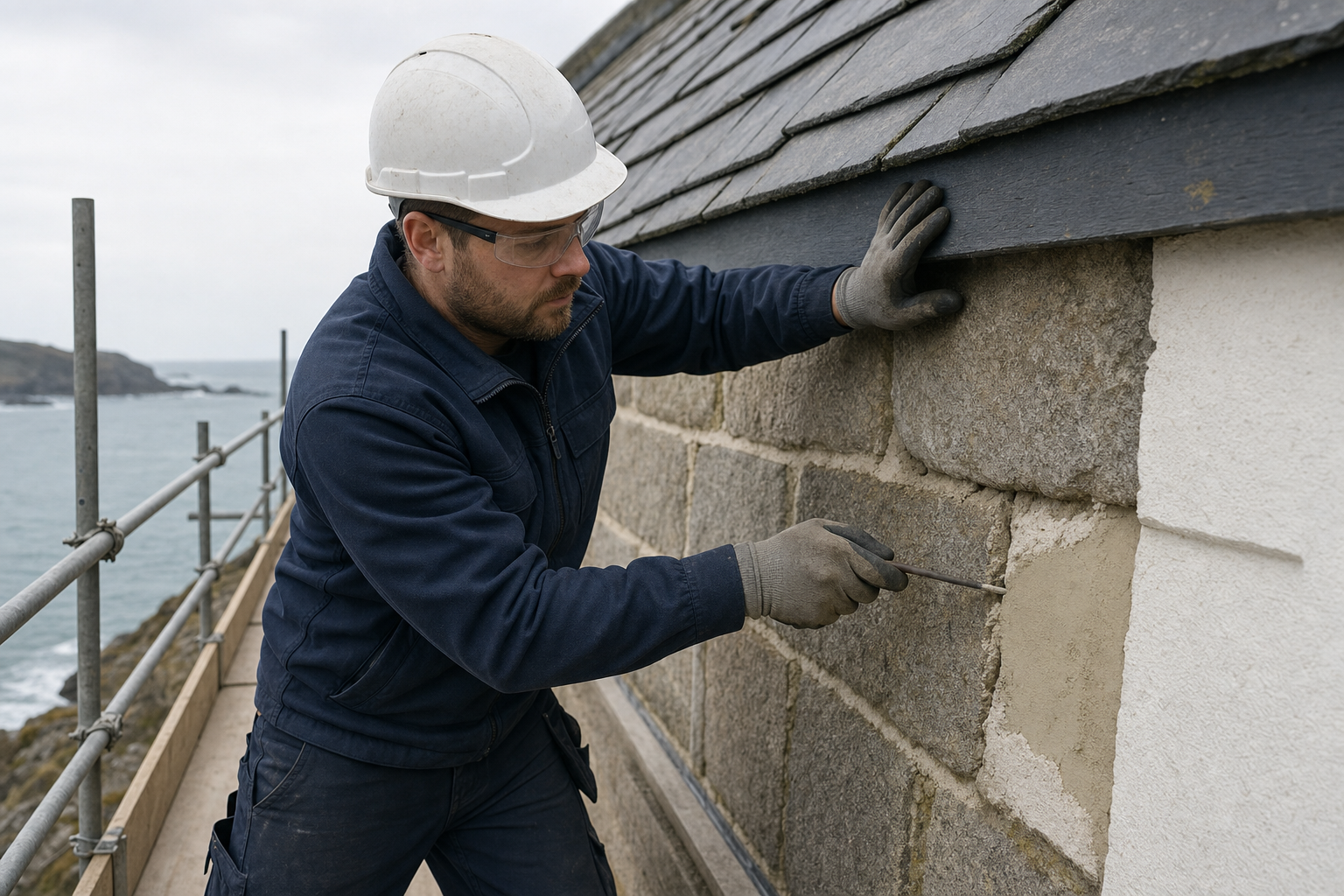 Construction worker in a hard hat repairs stone wall mortar on scaffolding overlooking the sea.