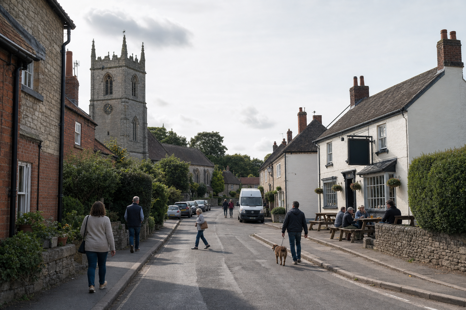 People strolling through a quaint village street with a church tower in the background.