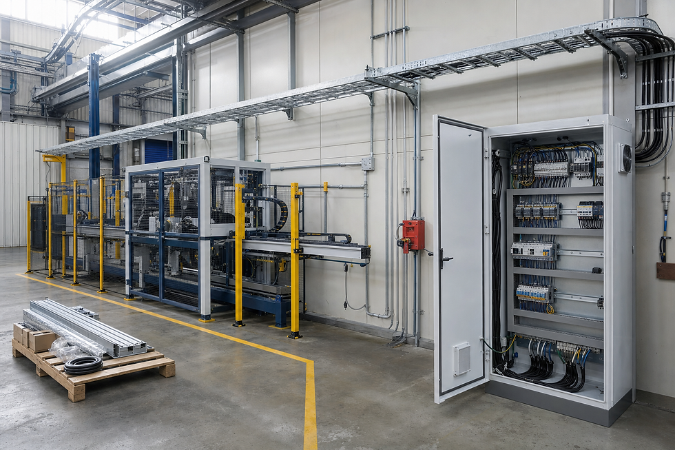 Industrial machinery with a spacious control panel is set up in a clean and organised factory environment.