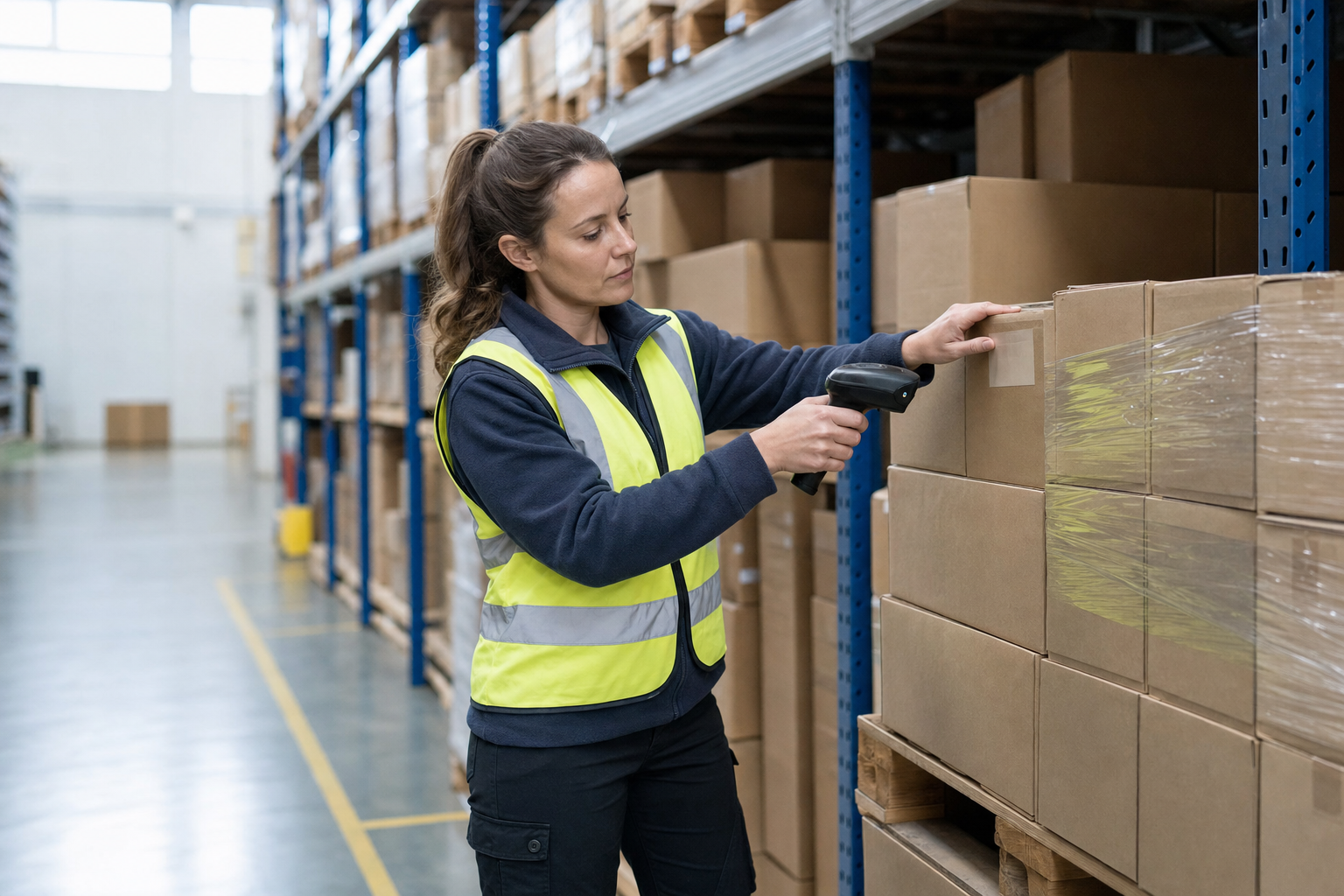 A woman in a high-visibility vest scans boxes with a handheld device in a warehouse aisle.