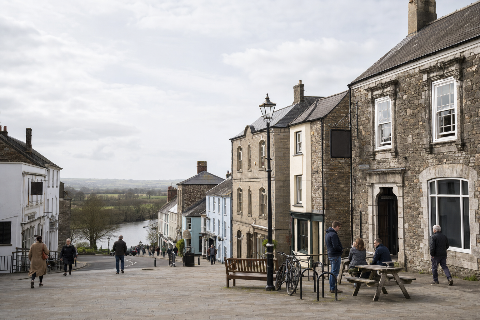 People walking down a quaint street with historic stone buildings and a distant river view.