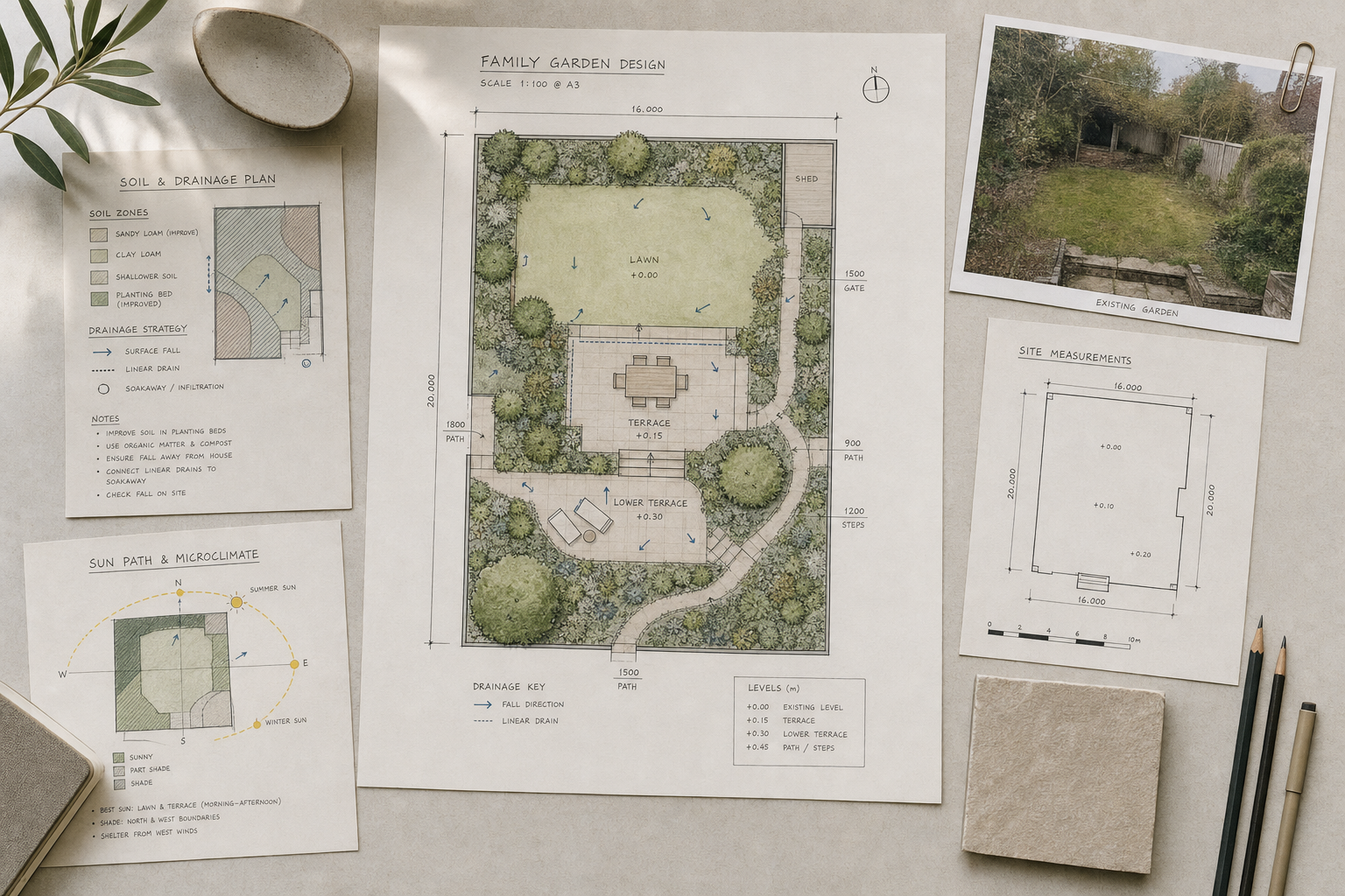 Family garden design plans with soil, drainage, sun path, and an existing garden photo on a beige surface.