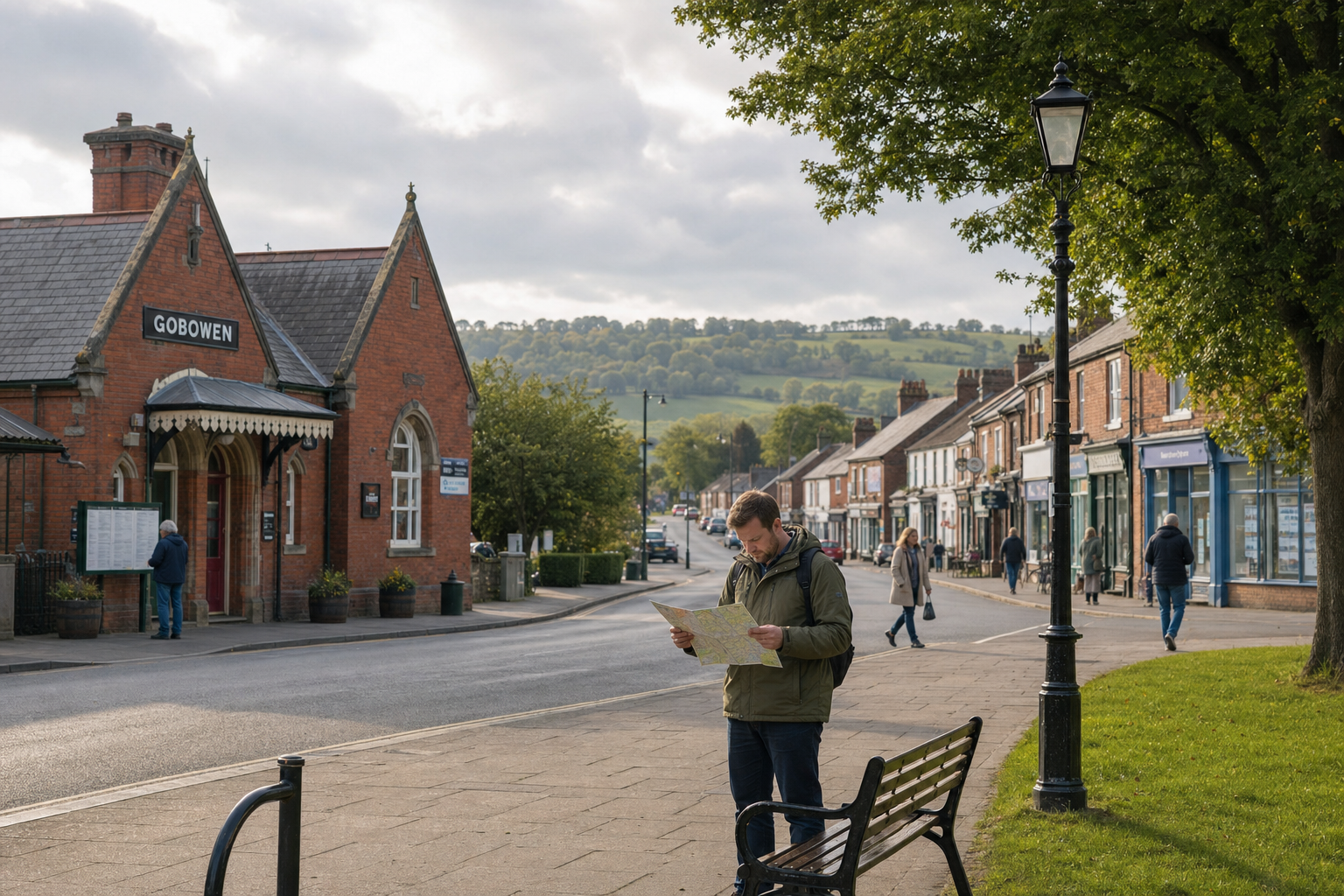 A man examines a map on a quiet street near Gobowen station, with a scenic countryside backdrop.