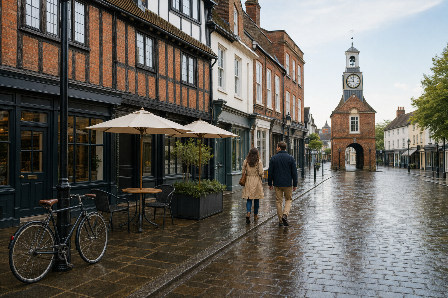 A couple walks down a wet cobblestone street lined with historic buildings towards a clock tower.