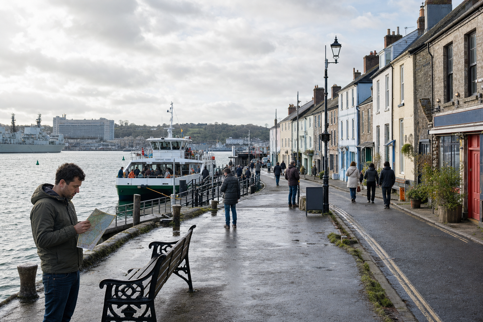 A man reads a map near a bustling harbour with colourful houses and a ferry carrying passengers.