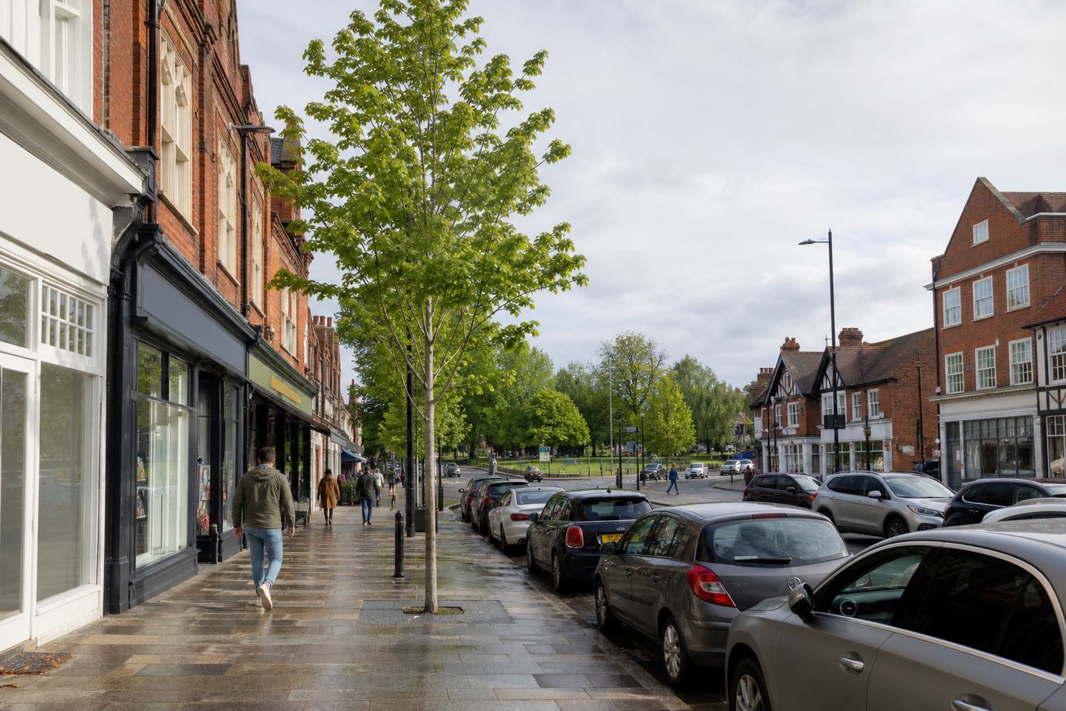 Pedestrians walk along a wet pavement lined with shops and parked cars, with a tree-lined park in the background.