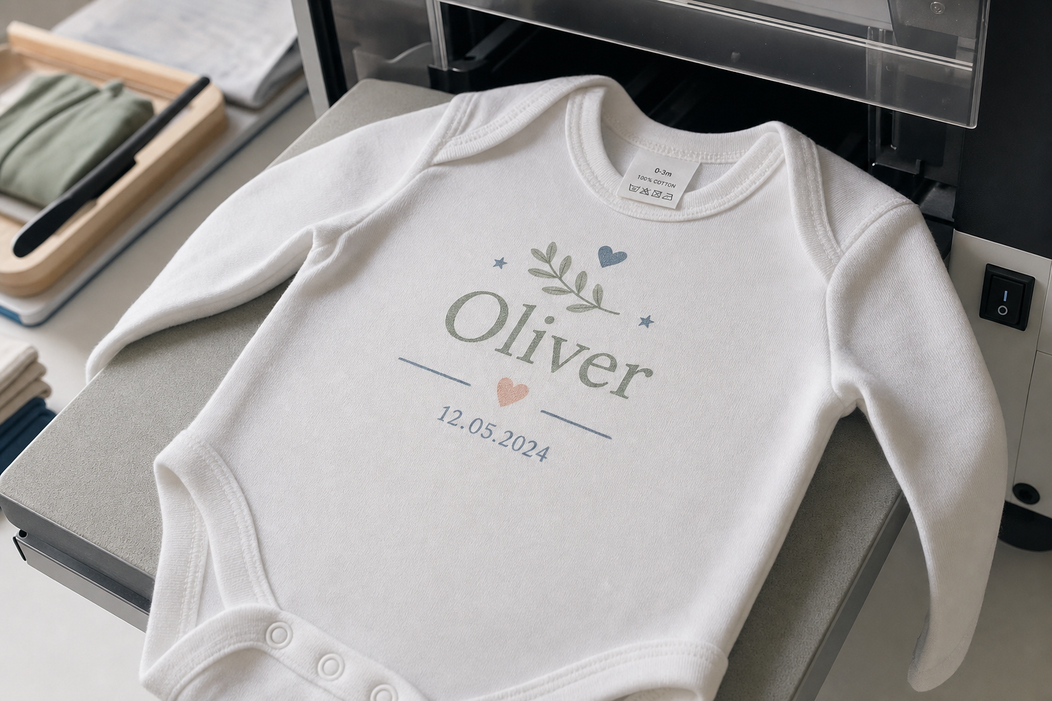A personalised white baby bodysuit with the name "Oliver" and the date "12.05.2024" laid on a printer.