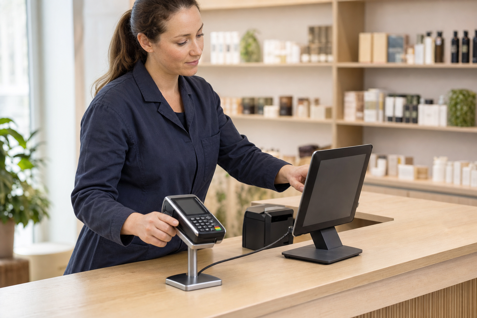 A woman in a shop uniform operates a point-of-sale system at a wooden counter in a retail setting.