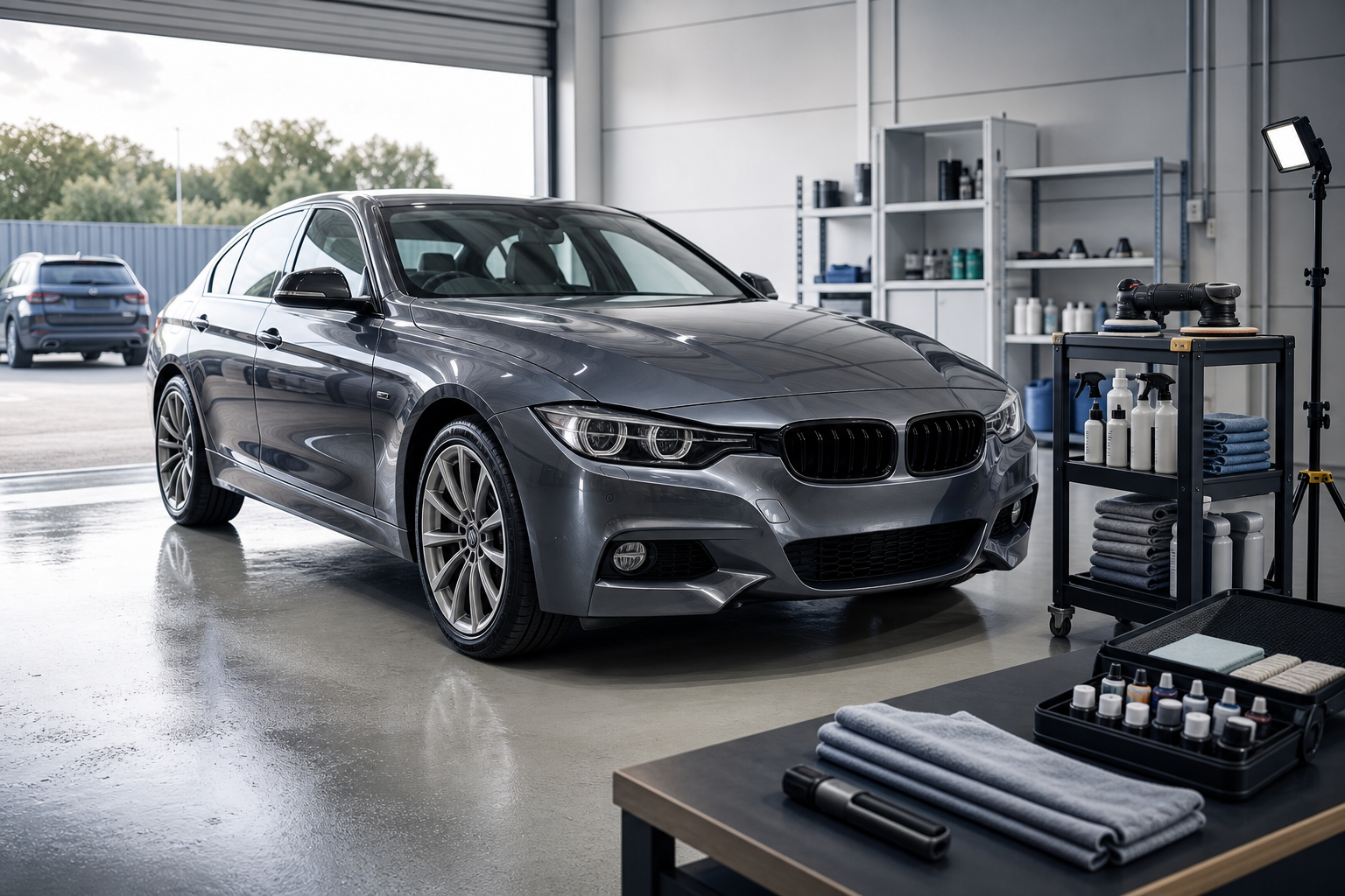 A sleek gray car parked in a well-organized garage with detailing supplies nearby.