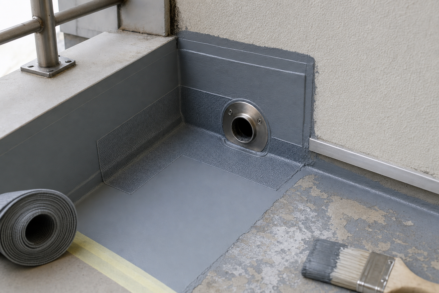 A waterproofing membrane with a drainage outlet on a balcony floor, alongside a paintbrush and rolled membrane.