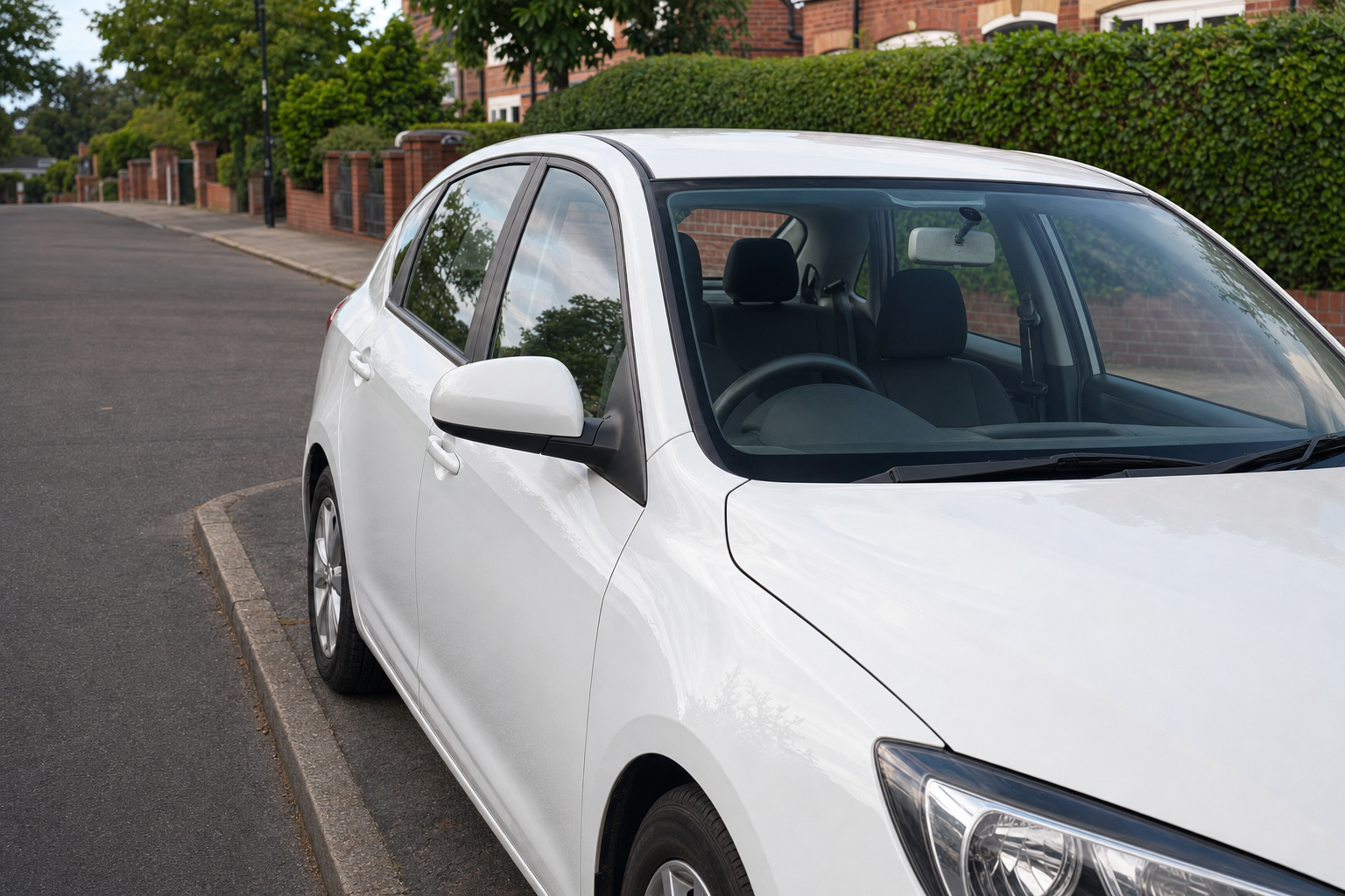 White car parked along a quiet, residential street lined with green hedges and brick houses.