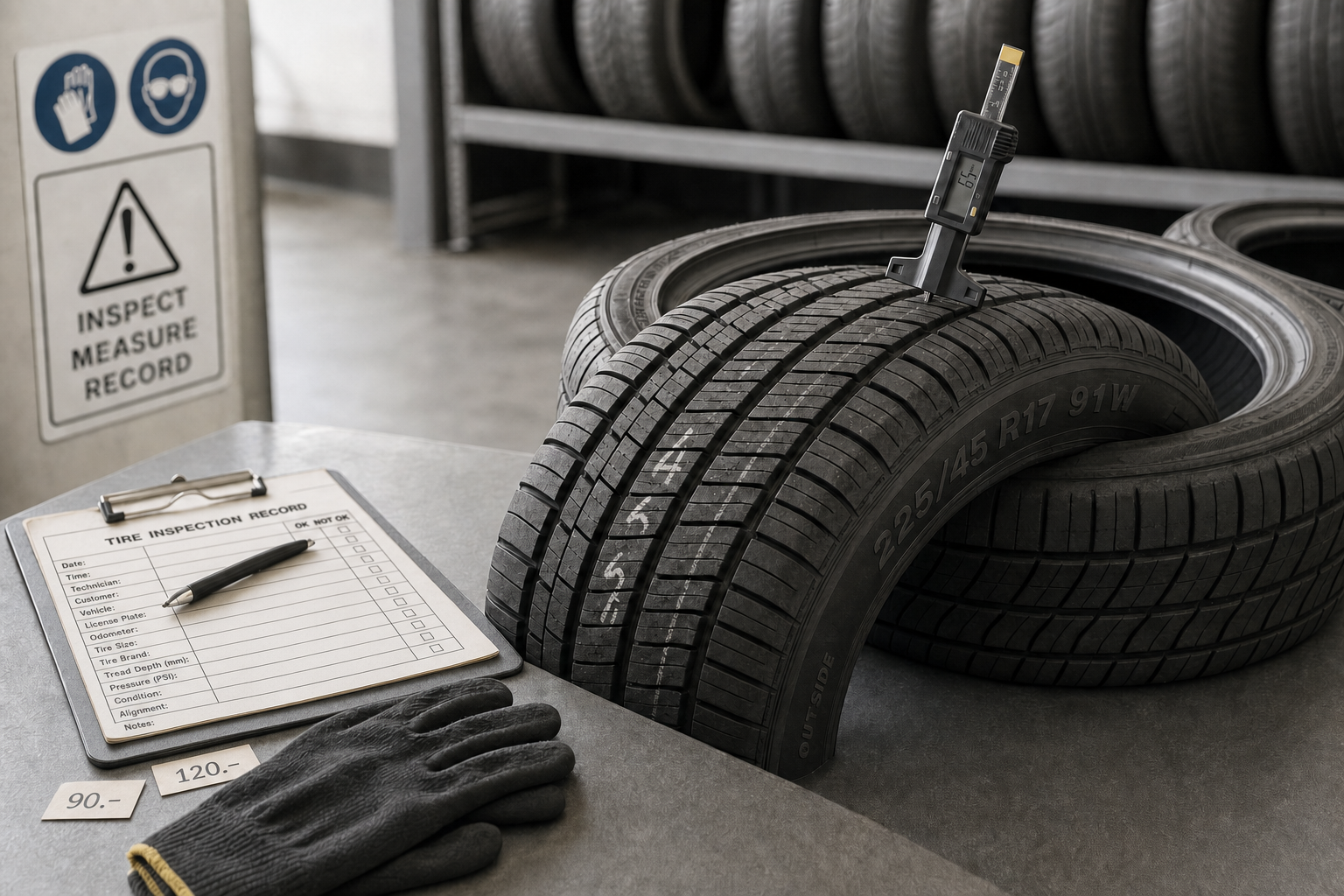 Tyre with a tread depth gauge, beside an inspection record, gloves, and price tags on a garage workbench.