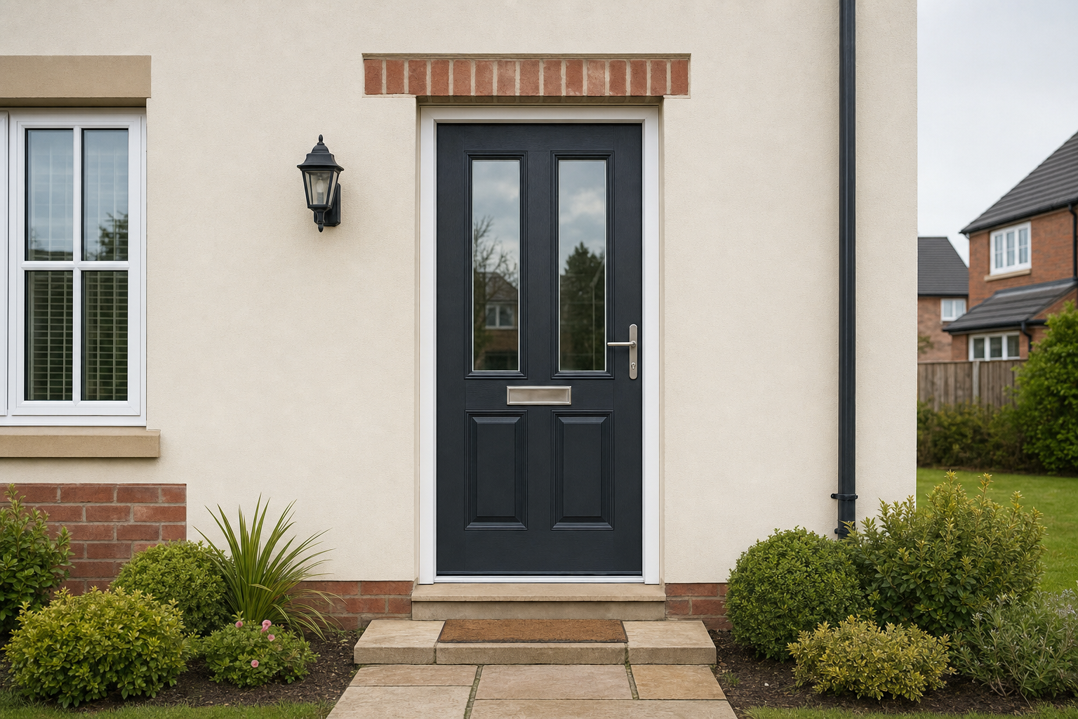 A modern black front door with glass panels, framed by neat brickwork and surrounded by tidy garden shrubs.