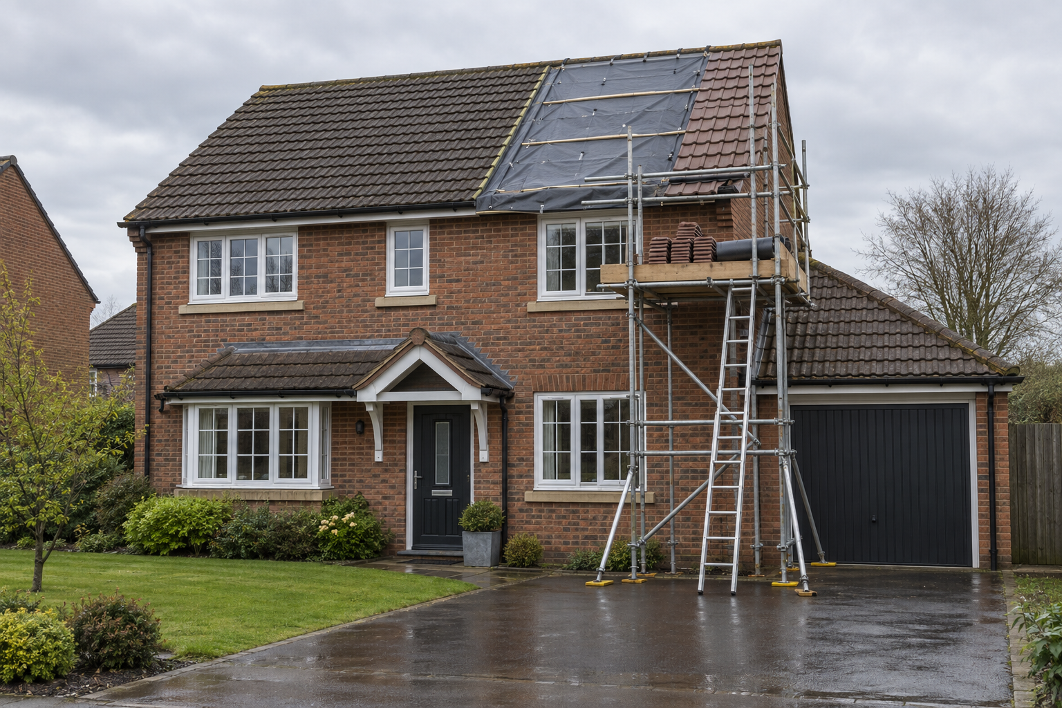 Two-storey brick house with scaffolding and a partially replaced roof under renovation.