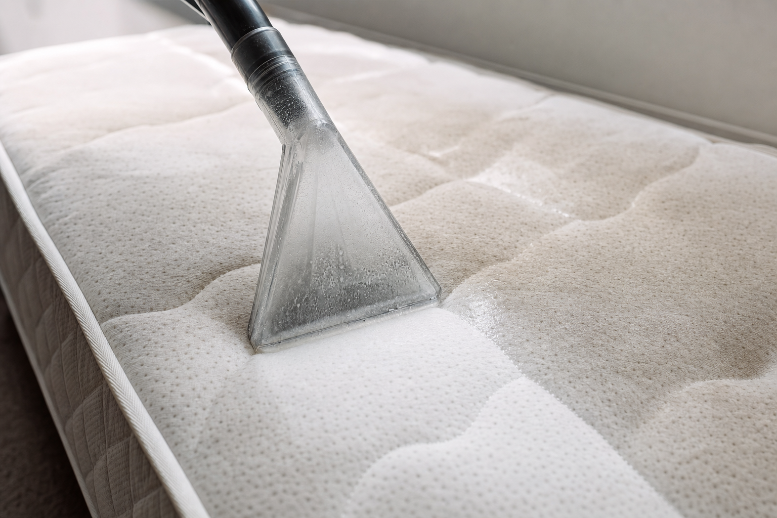 A vacuum cleaner nozzle is used to deep clean a light-coloured mattress.