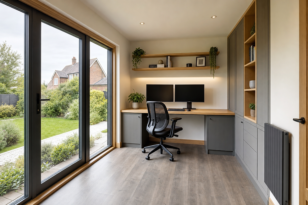 Modern home office with dual monitors, ergonomic chair, and large glass doors overlooking a green garden.