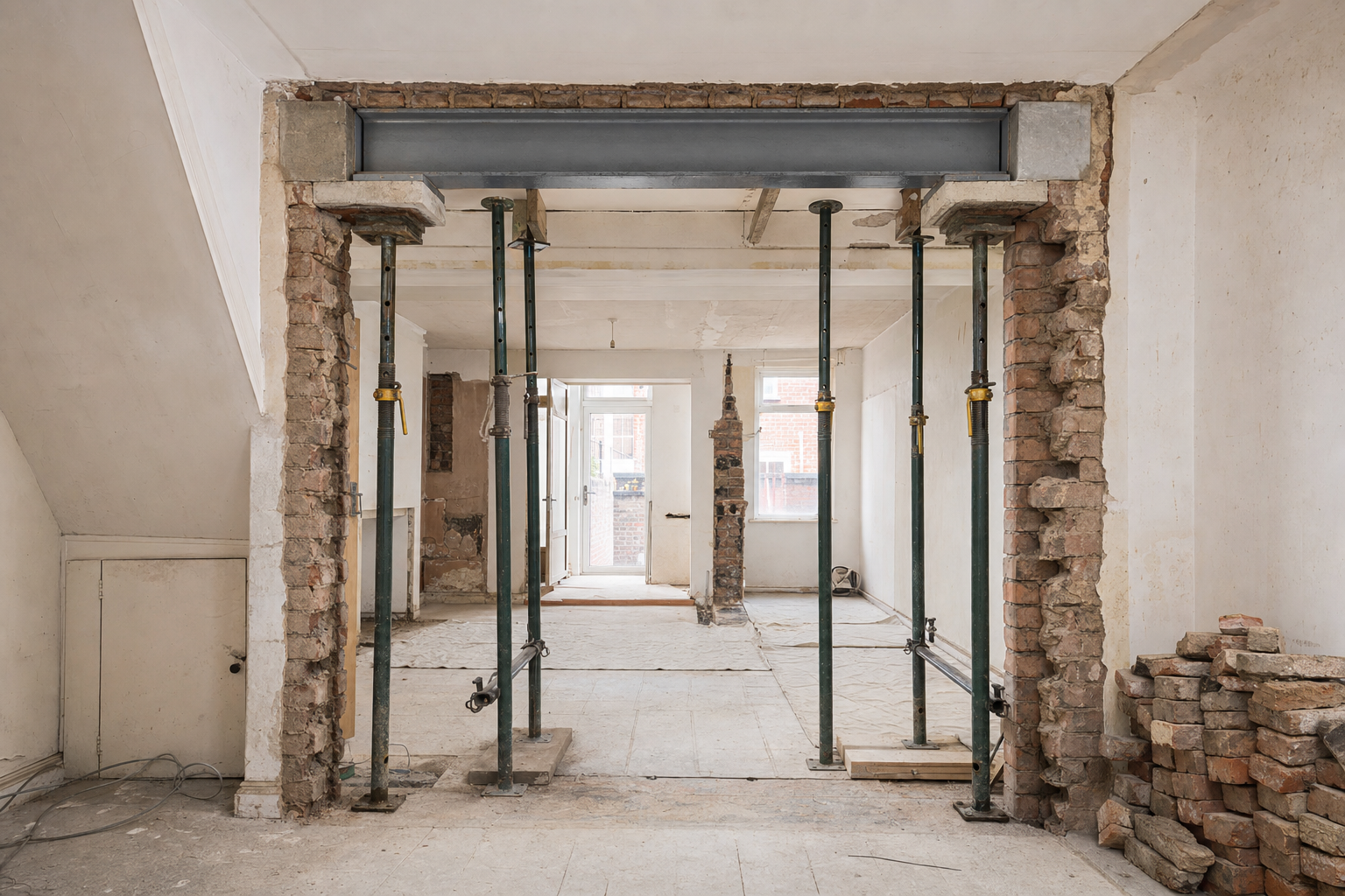 Interior remodelling site with exposed brick and support beams, showing a room under construction.