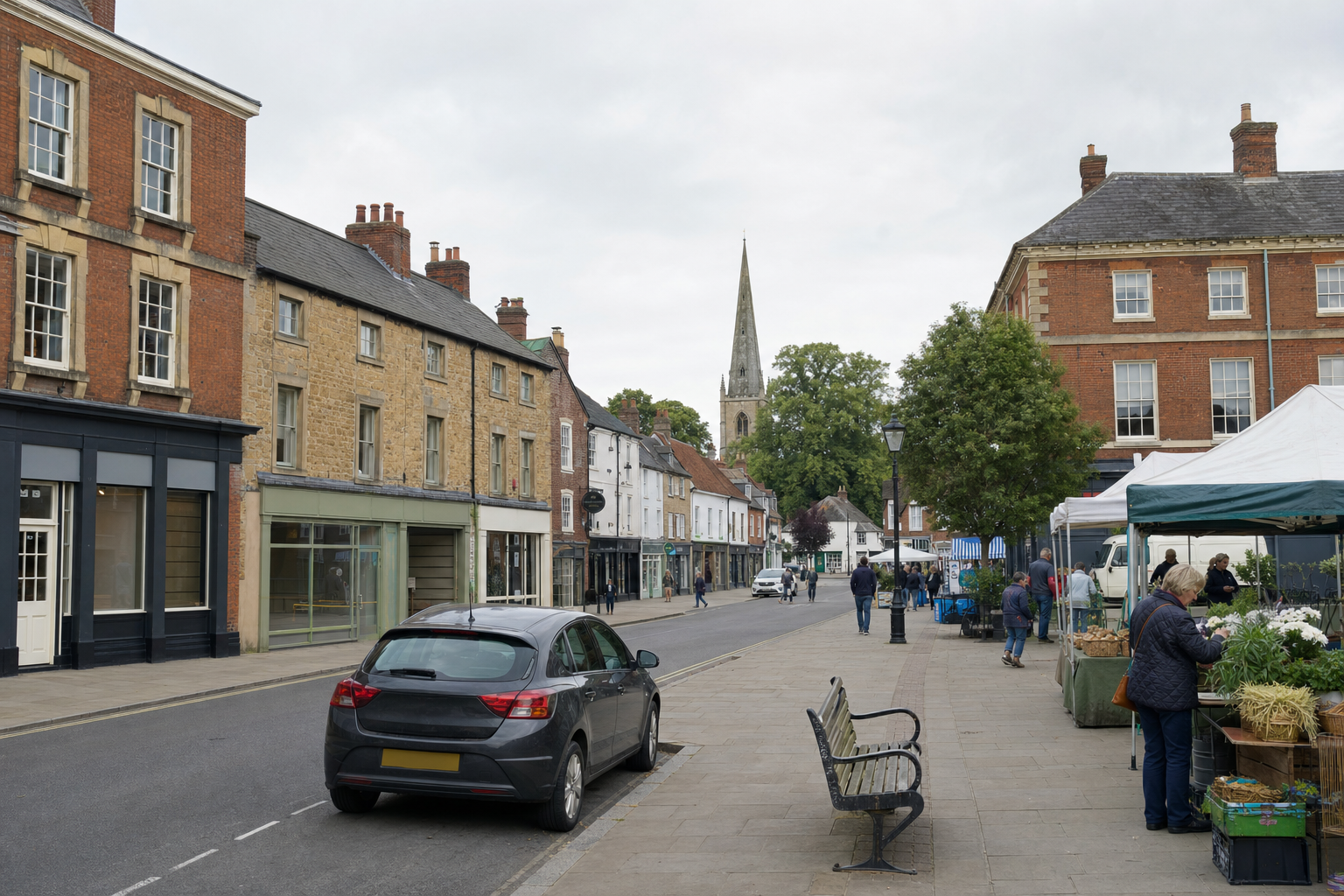A quaint town street scene with historic buildings, a church spire in the background, and a small market with stalls and shoppers.