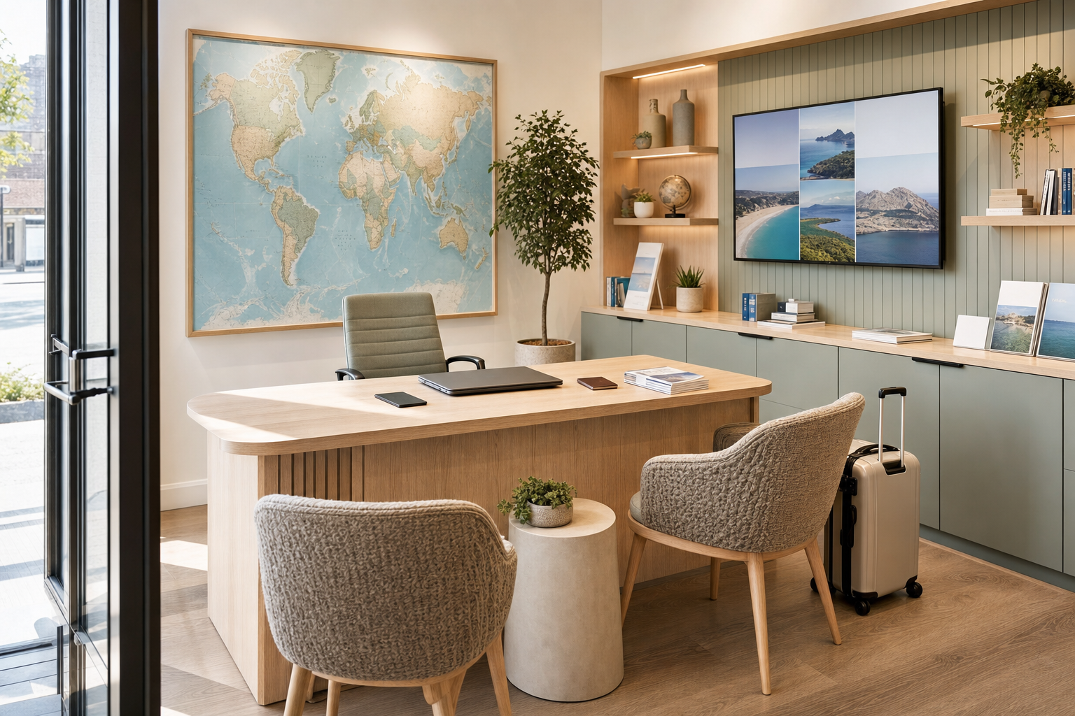 Modern travel agency office with a large world map, comfortable chairs, and a suitcase beside the desk.