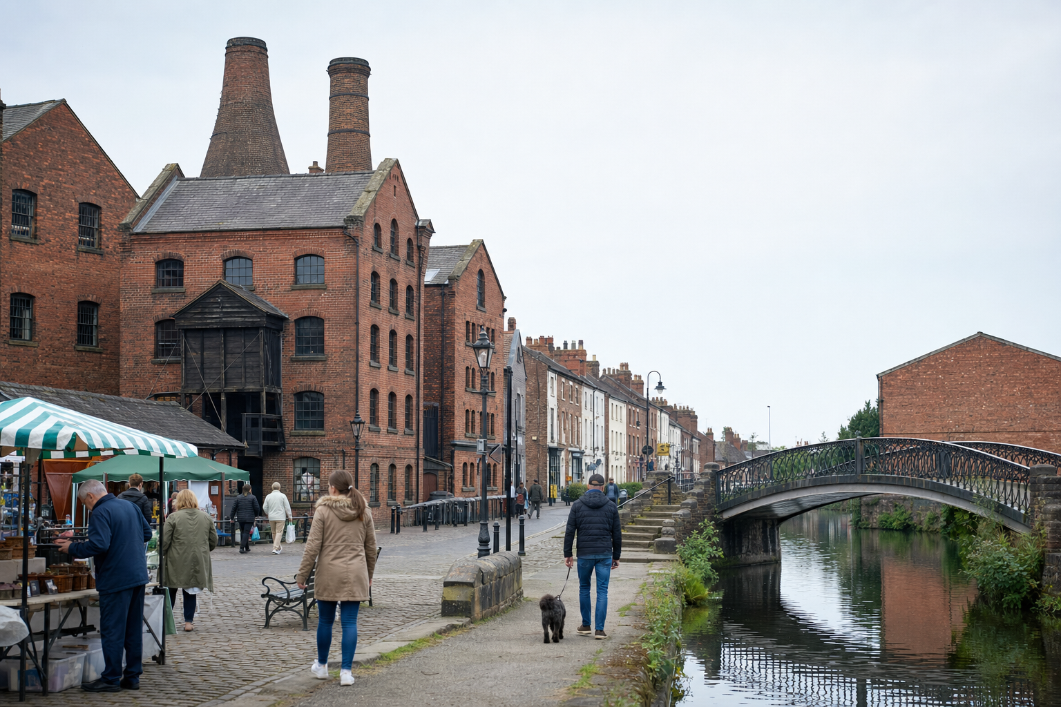 People stroll along a canal in an historic industrial area with red brick buildings and a small bridge.