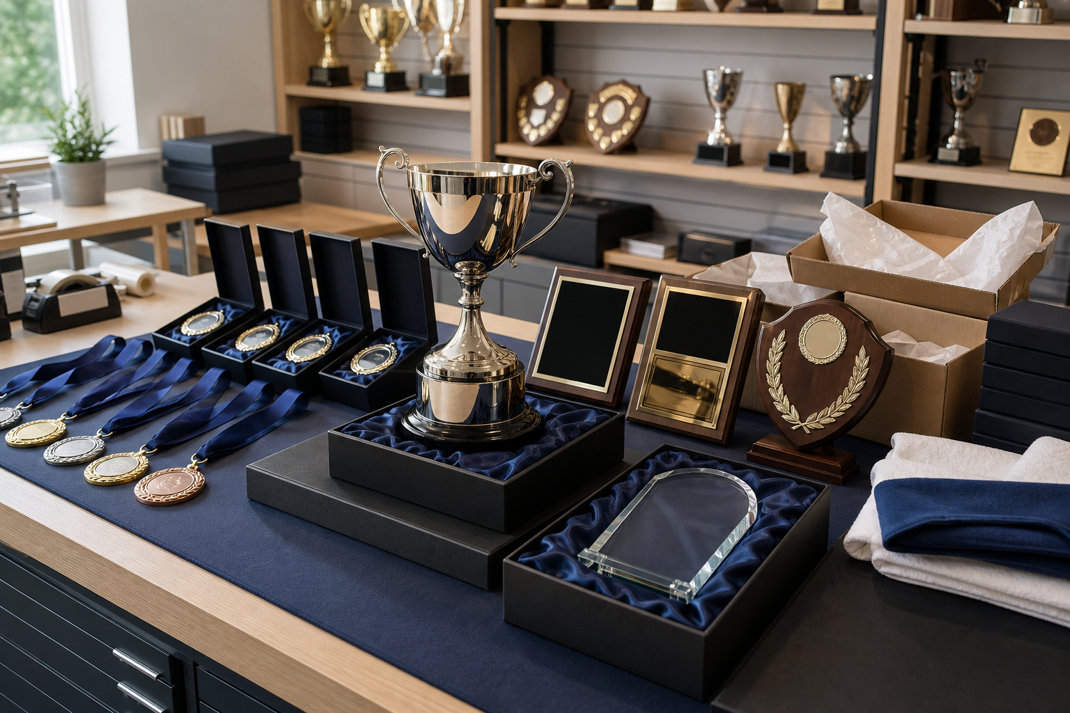 A collection of trophies, medals, and plaques displayed on a table in a showroom.