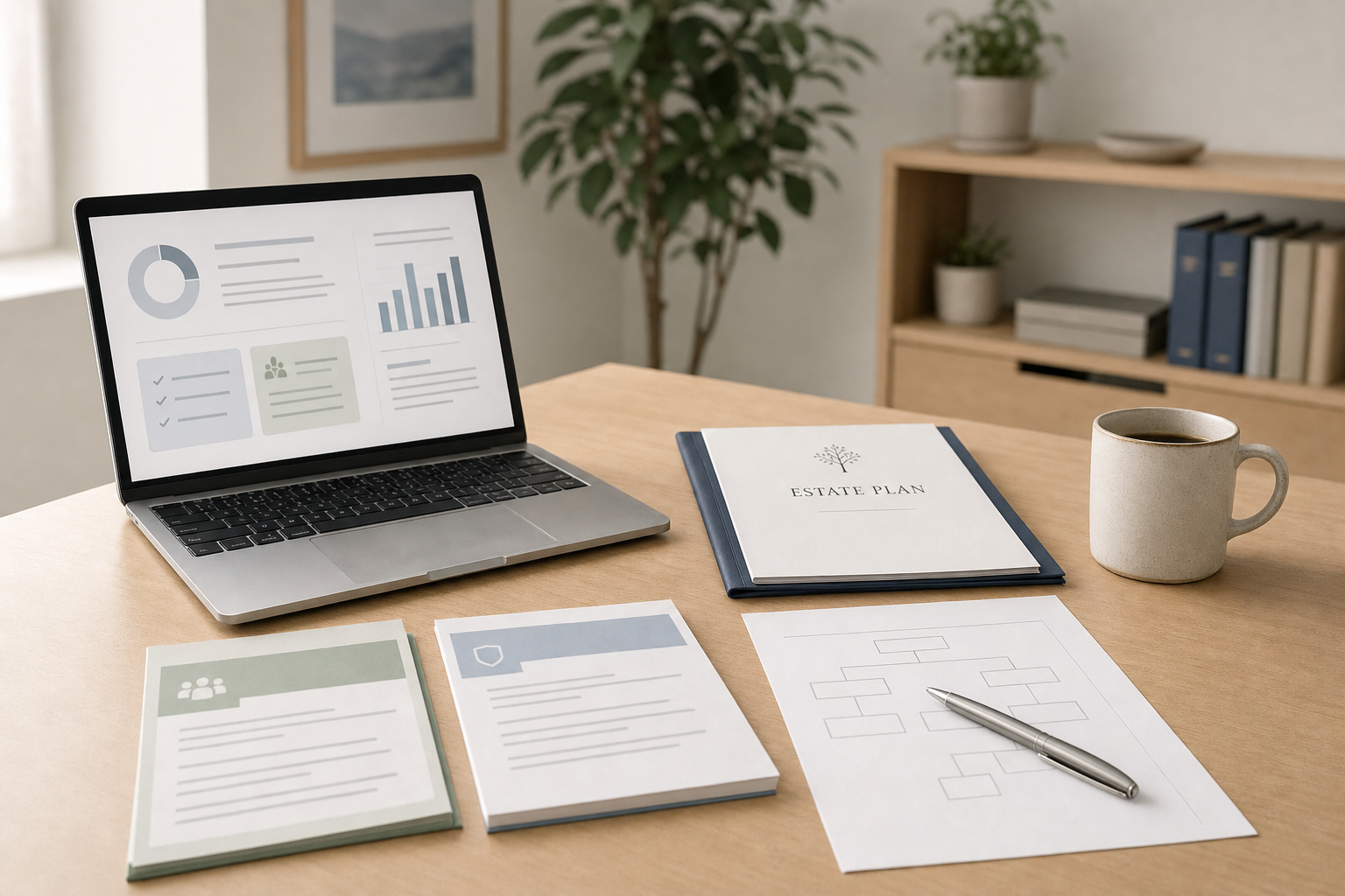 Laptop displaying graphs on a desk with estate planning documents, a pen, and a coffee mug.