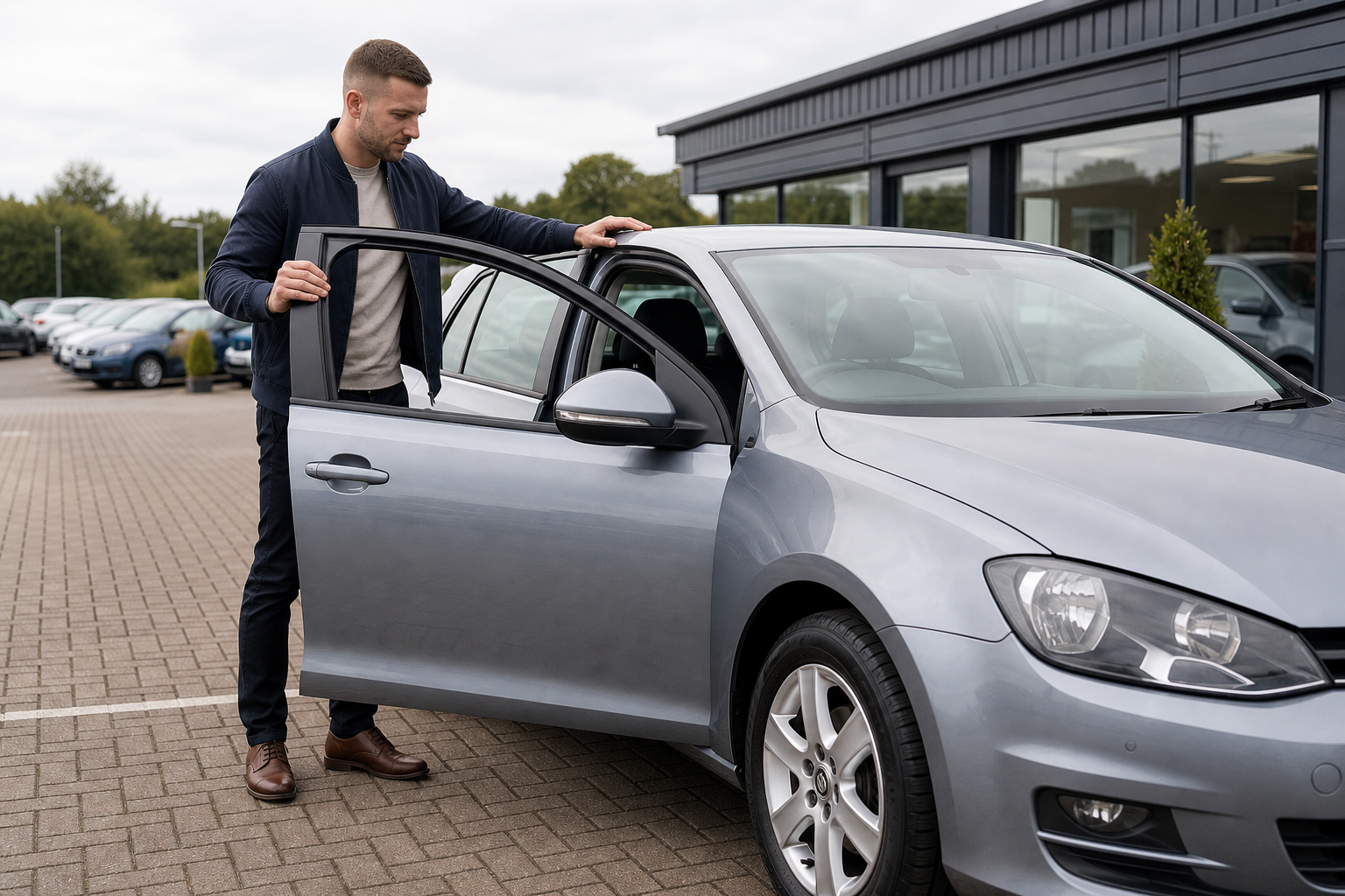 Man inspecting a silver car parked at a dealership.