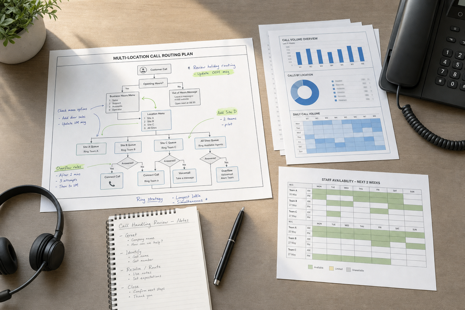 Desk with call routing plan, call volume charts, staff availability sheet, notebook, headphones, and a telephone.