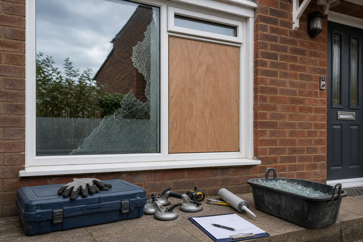 Broken window with tools and materials for repair on a doorstep.
