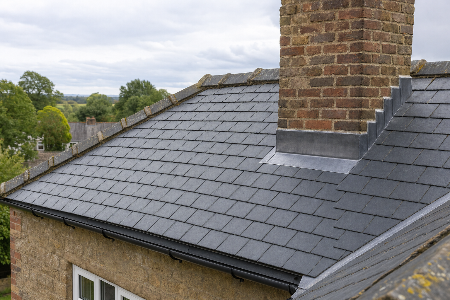 A slate tiled roof with a brick chimney and lead flashing, set against a rural landscape.