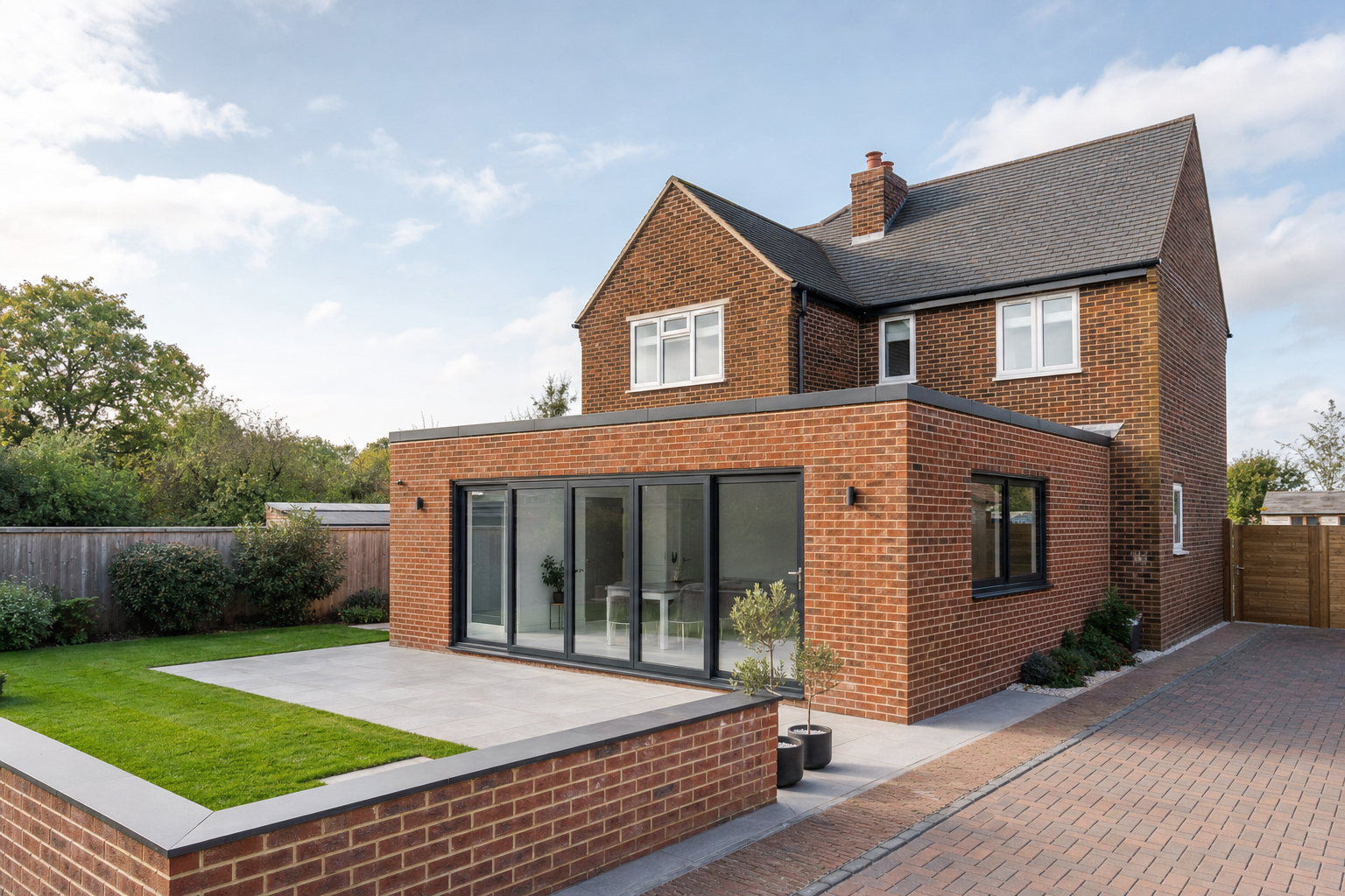 Modern red-brick house with a glass-walled extension, surrounded by a tidy garden and patio.