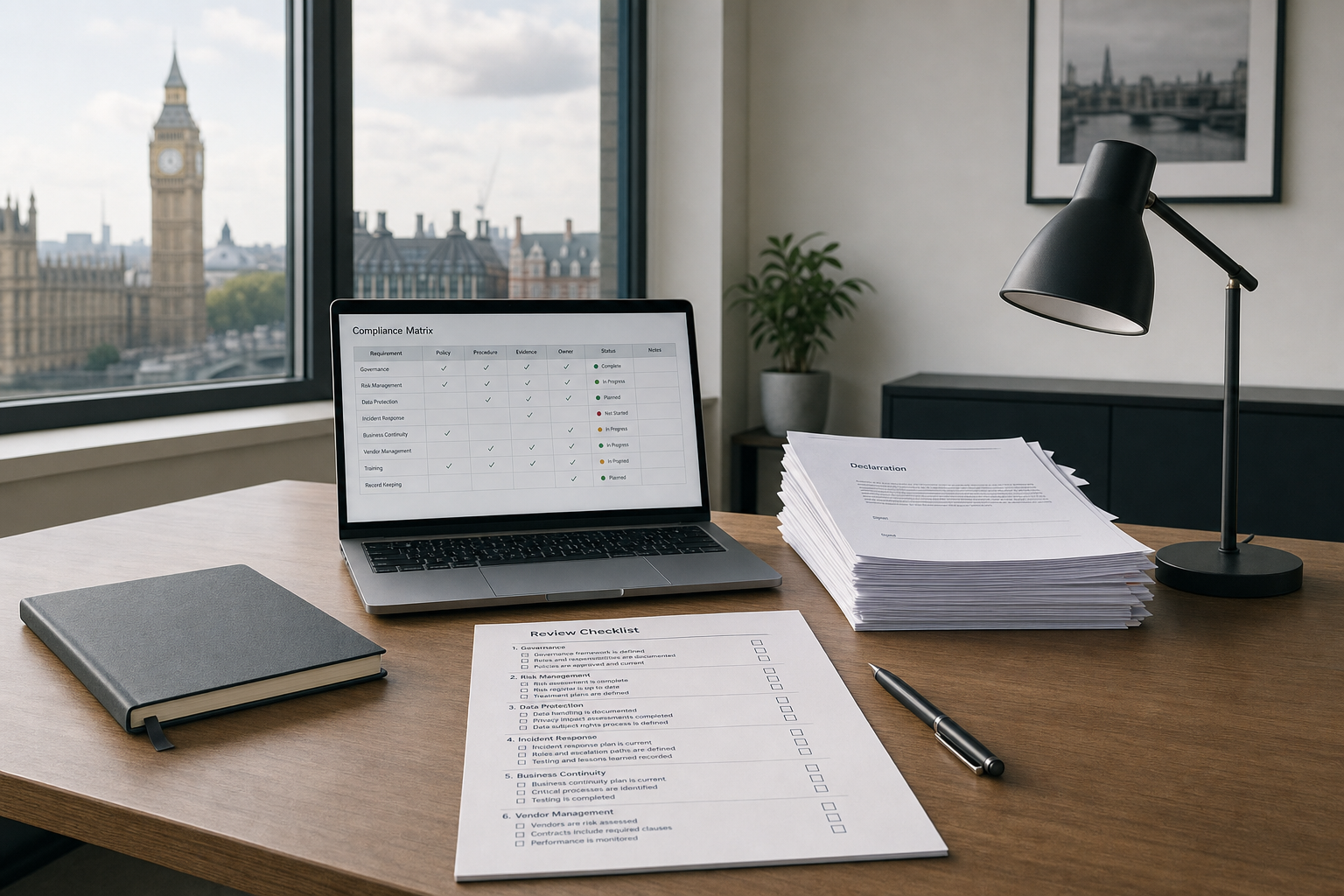 Office desk with a laptop showing a compliance matrix, a checklist, documents, a lamp, and a view of Big Ben through the window.