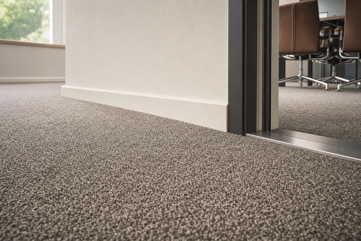 Close-up of beige carpet in a modern office setting with a glimpse of a conference room.