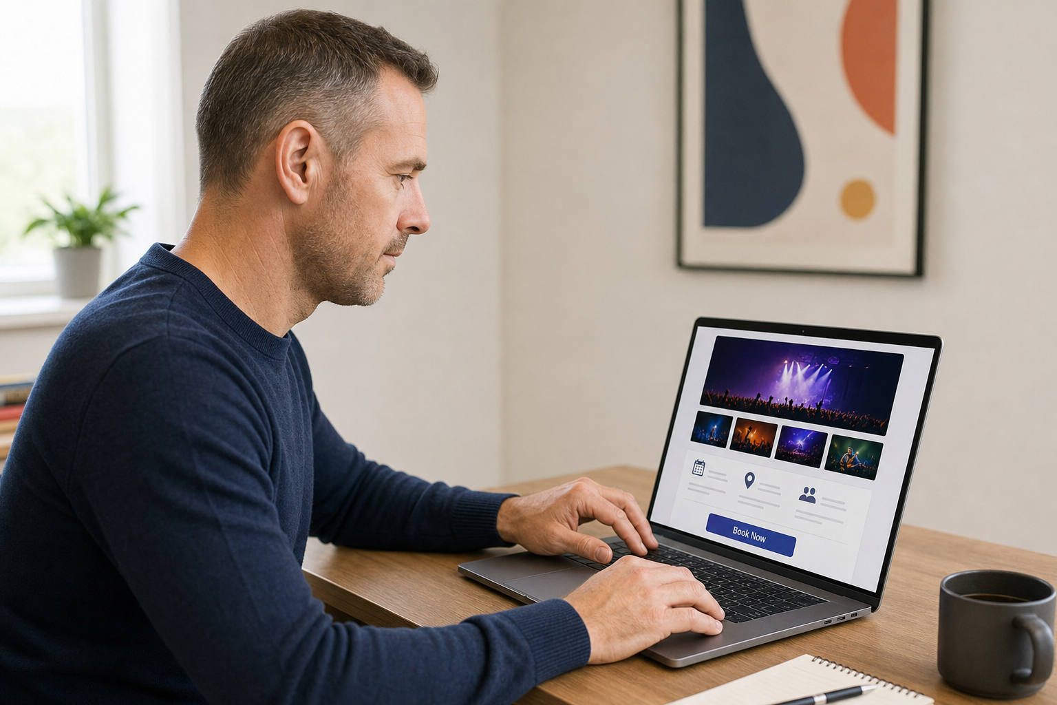 Man in a blue jumper using a laptop on a wooden desk with a mug and notebook nearby.